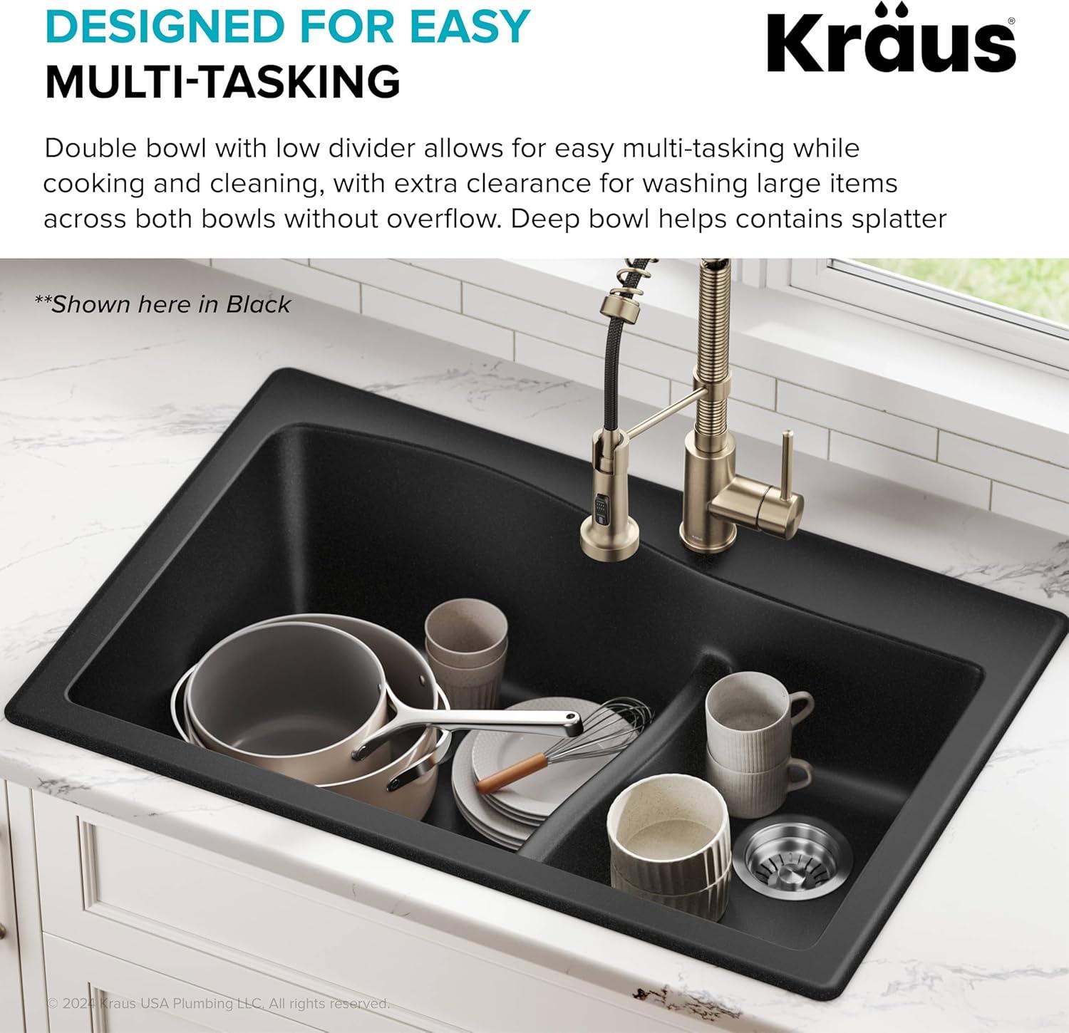 Kraus KRAUS Quarza™ 33" L Dual Mount 60/40 Double Bowl Granite Kitchen Sink KGD-442GREY