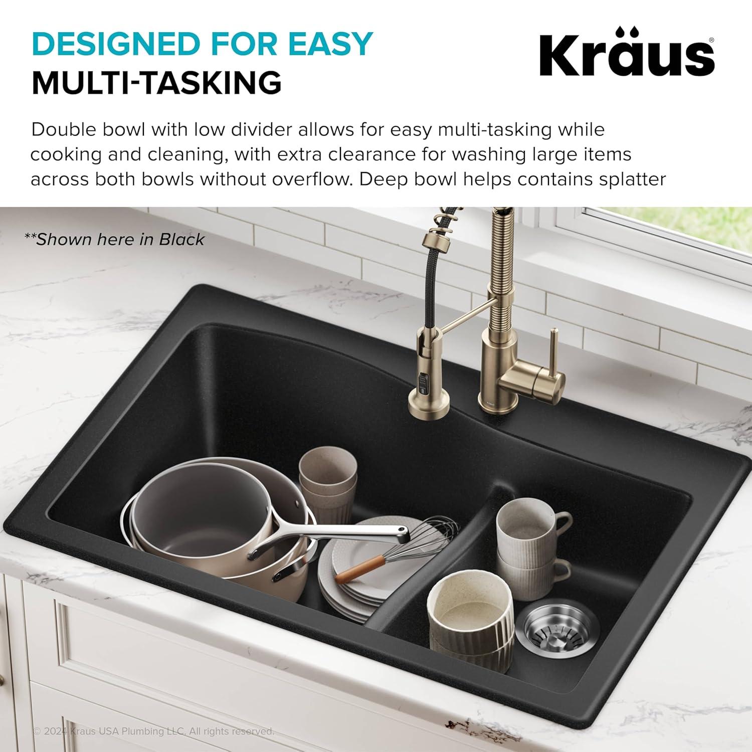 Kraus KRAUS Quarza™ 33" L Dual Mount 60/40 Double Bowl Granite Kitchen Sink KGD-442GREY