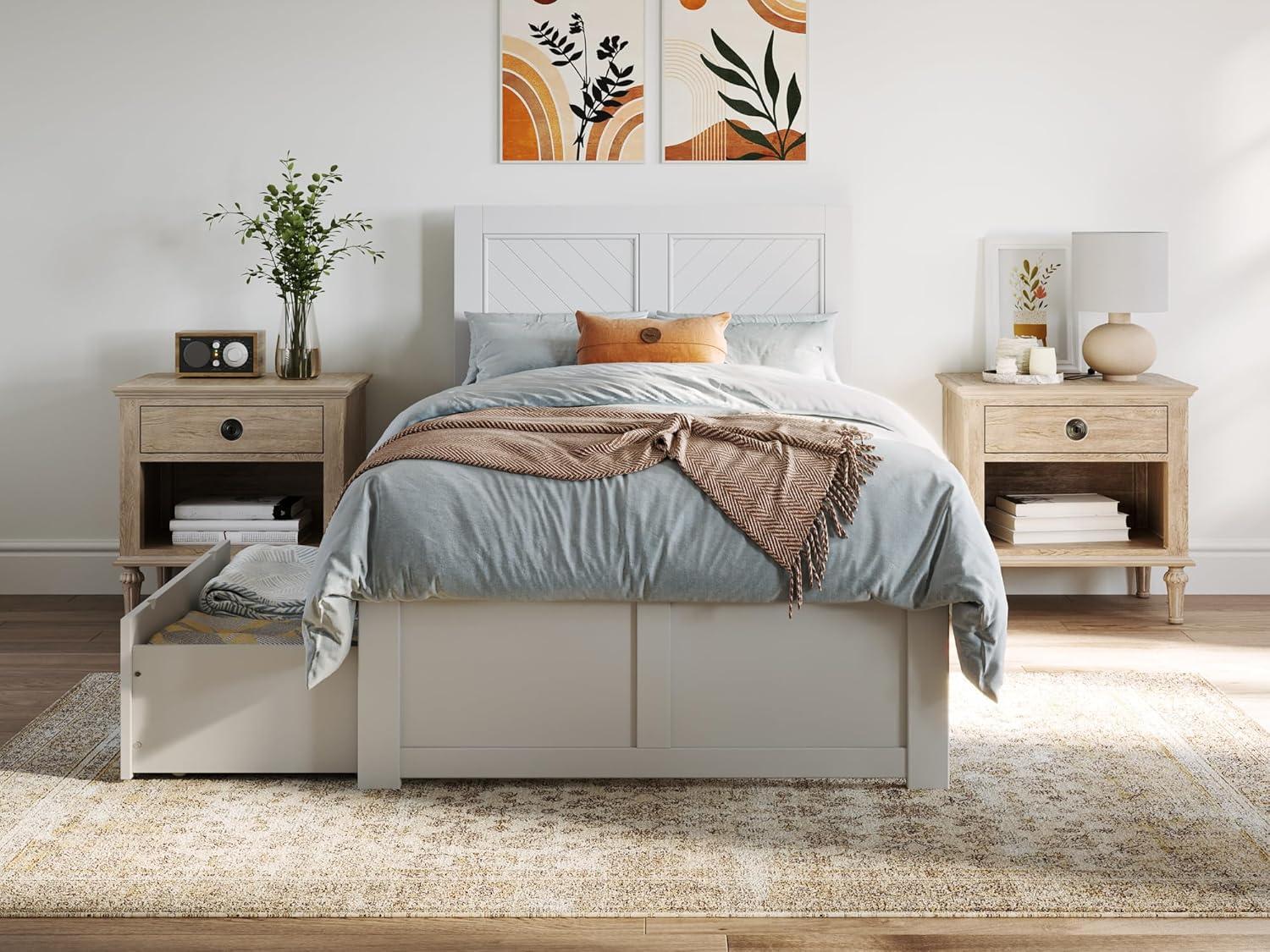 White Twin XL Wood Platform Bed with Chevron Headboard and Storage Drawers