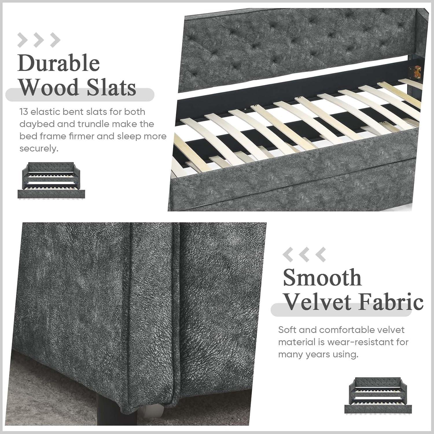 Kumix Twin Size Daybed with Trundle, Upholstered Tufted Sofa Bed with Waved Shape Arms for Kids Teens Adults Guest, Upholstered Tufted Daybed Frame for Bedroom, Noise-Free, Easy Assembly, Grey