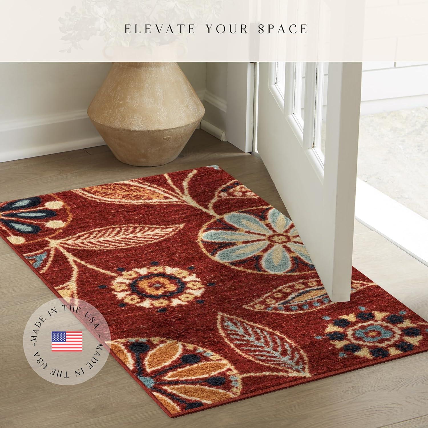 Maples Rugs Reggie Bohemian Floral Merlot Washable Entryway Area Rug, 1'8 x 2'10