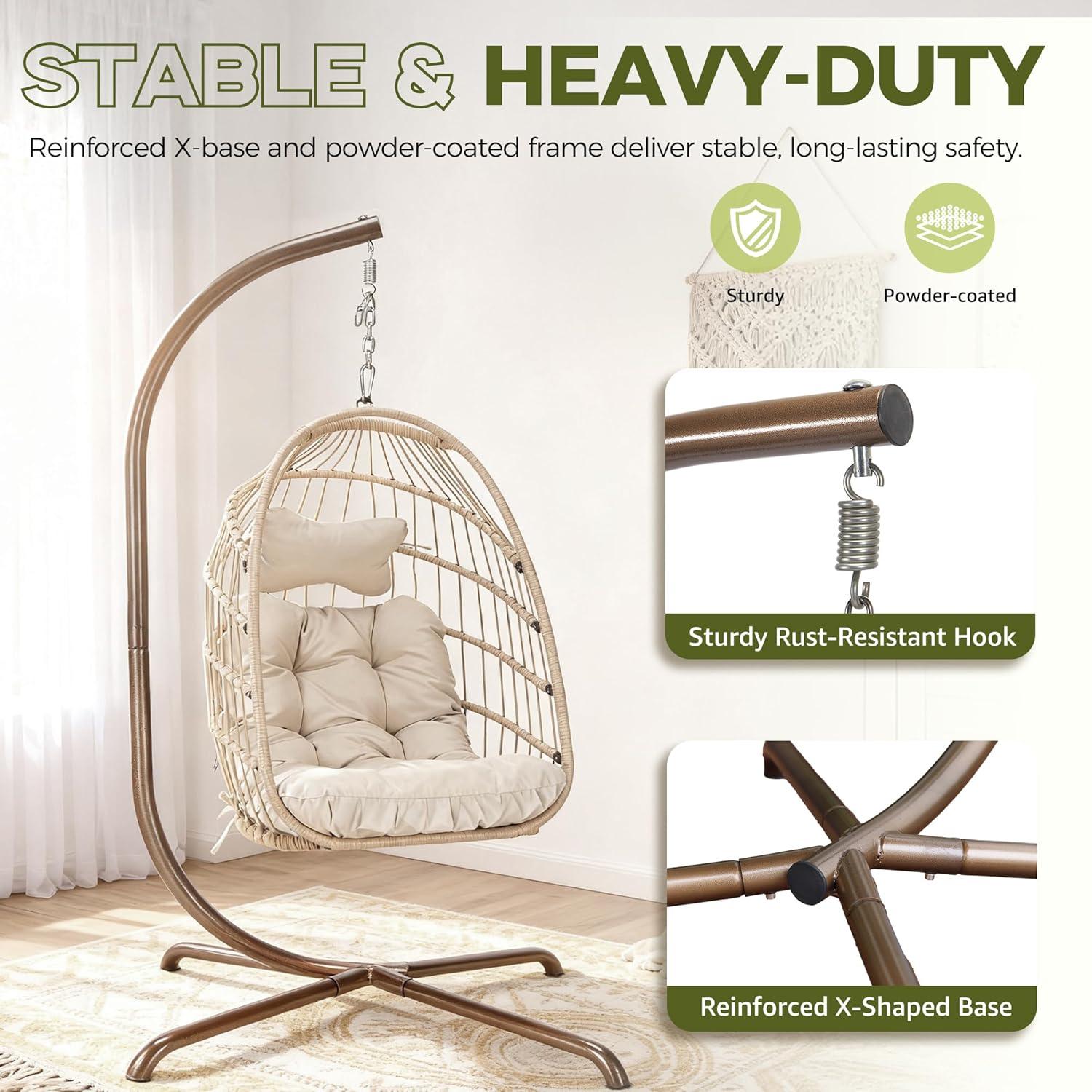 RADIATA Outdoor Foldable Hanging Egg Chair with Stand, PE Wicker Swing Chair with Cushion and Headrest, 350 lbs Capacity, Beige