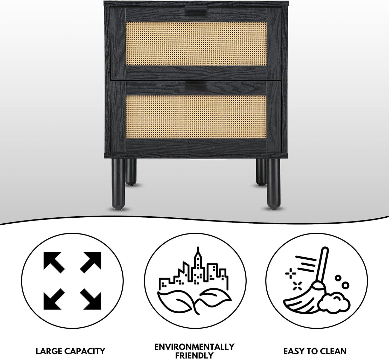 Sango Sango Orre 2-Drawer Solid Wood Nightstand, With Rattan, Cylicndrical Wooden Legs