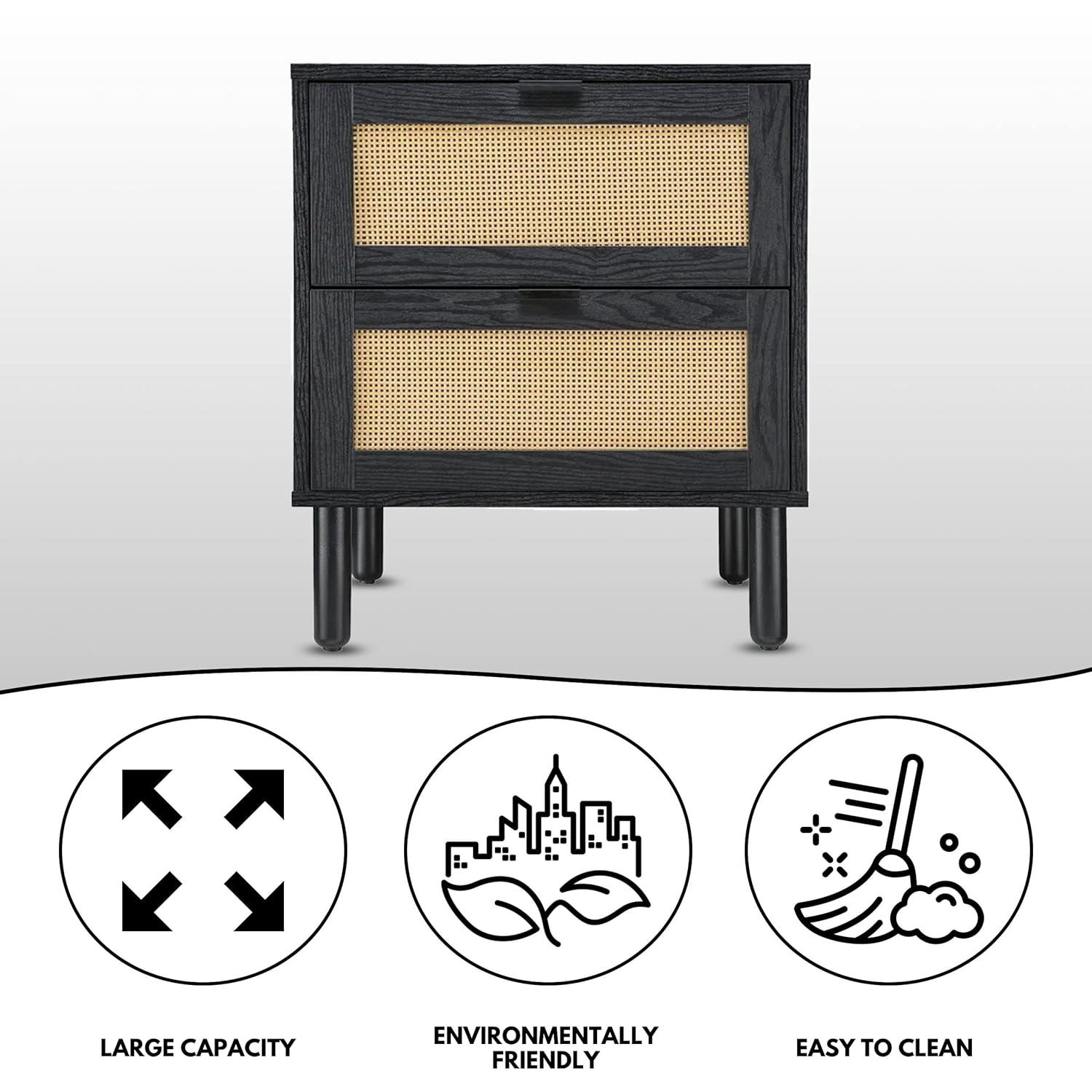 Sango Sango Orre 2-Drawer Solid Wood Nightstand, With Rattan, Cylicndrical Wooden Legs