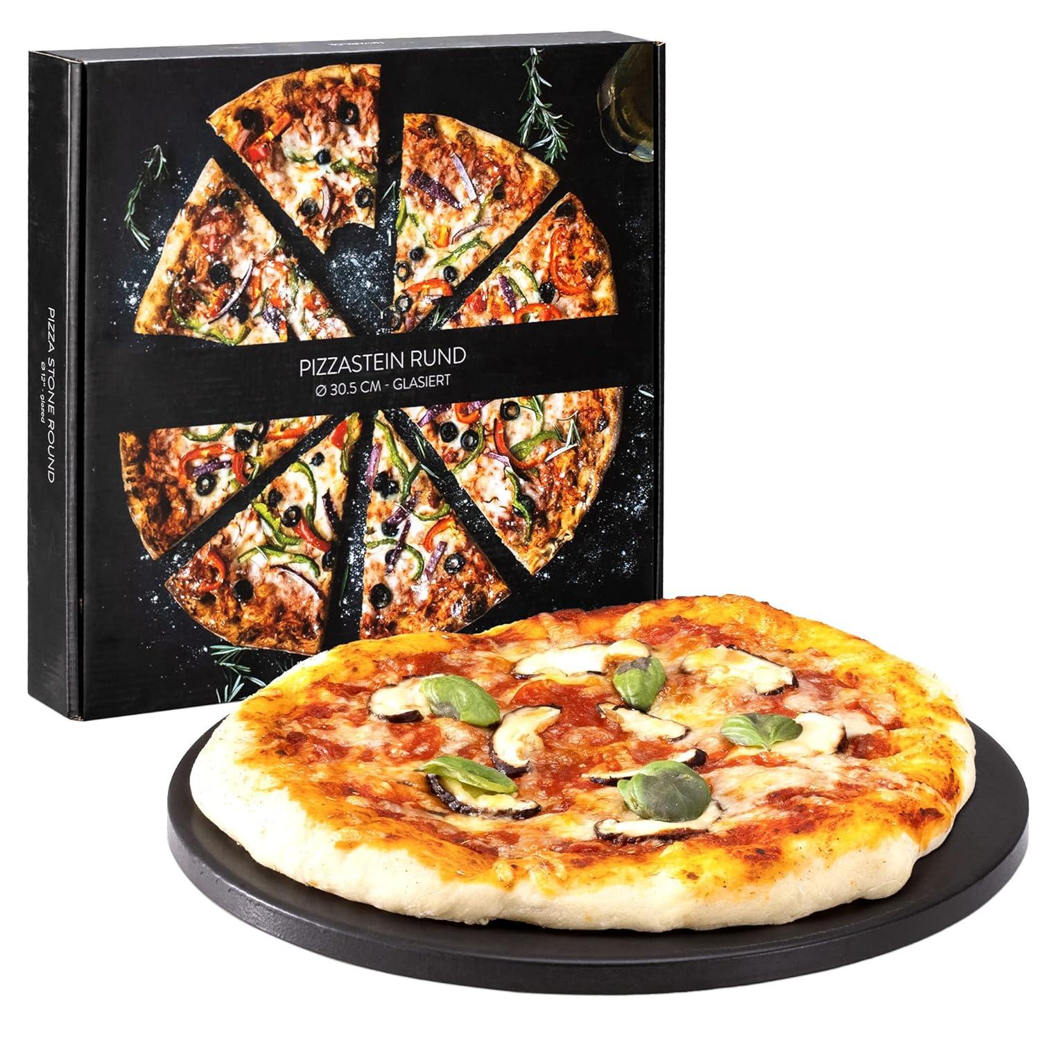 Navaris XL Pizza Stone for Baking - Glazed Square Cordierite Stone Plate for BBQ Grill Oven, Bake Serve Bread - Incl. Recipe Book - 15" x 11.8" x 0.6"