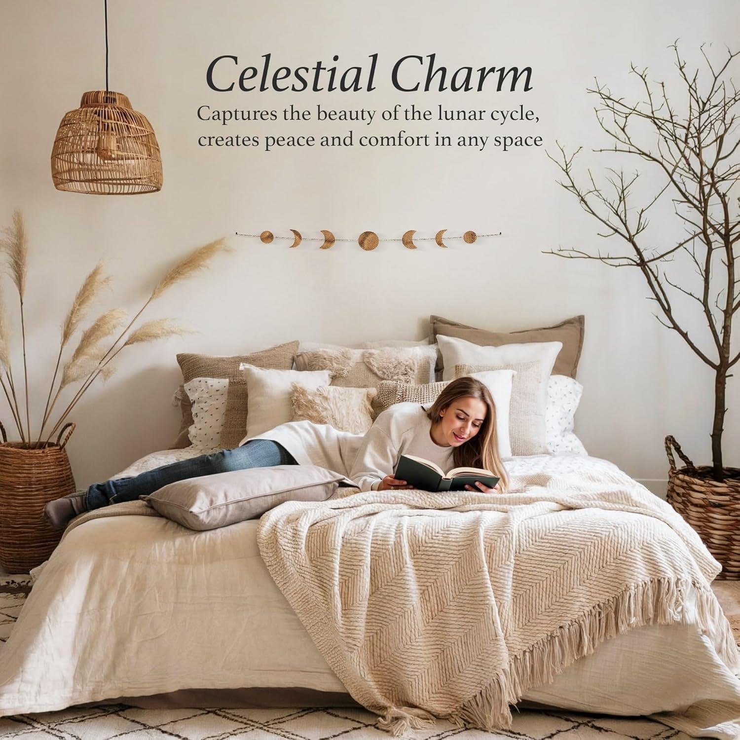 Elegant Bohemian Aesthetic, Moon Phase Wall Decor With Glowing Phases, Handmade Hammered Gold Metal Vertical Wall Art For Shelves, Bedside Tables, Mirrors