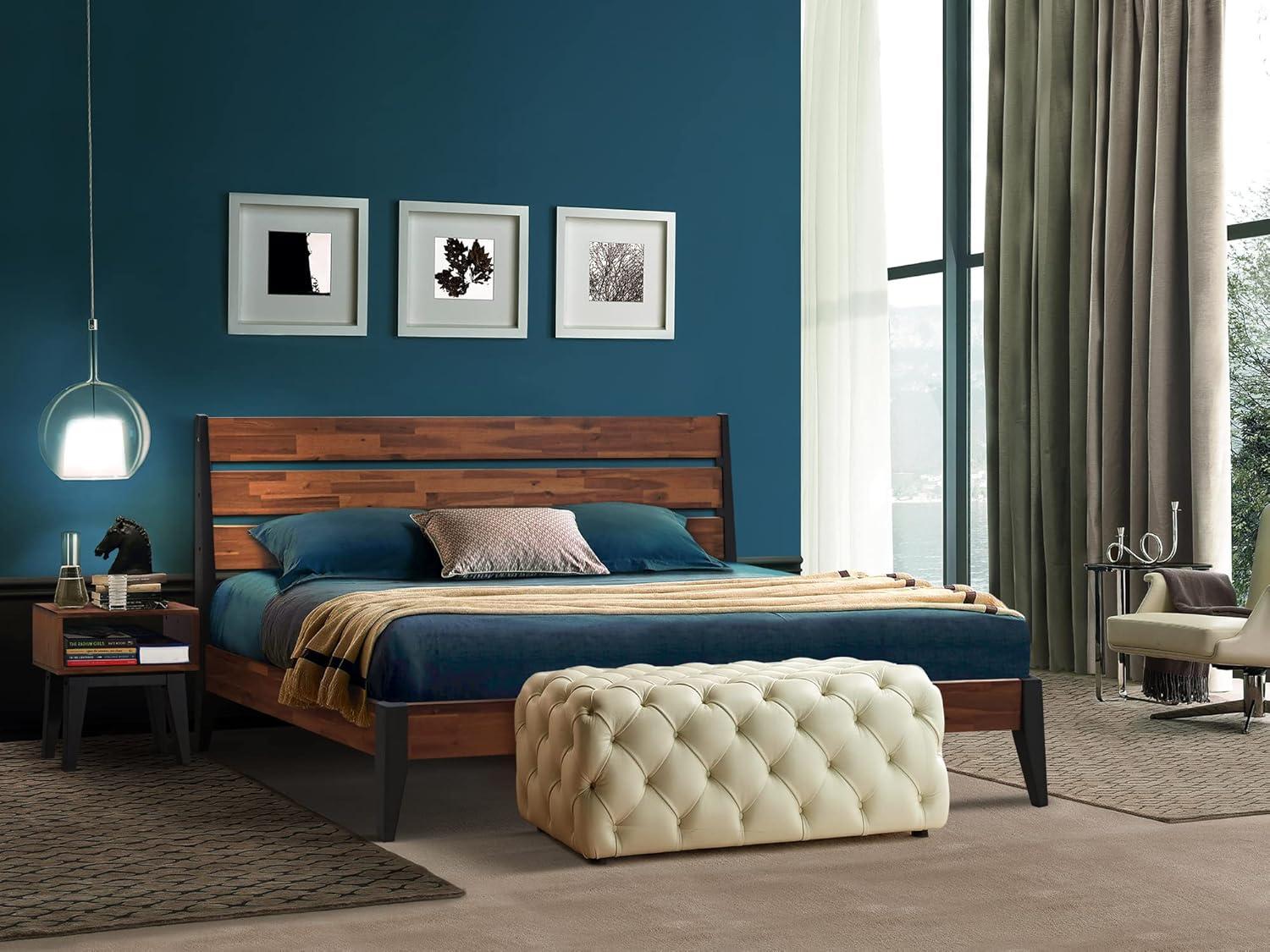 Acacia Emery 2-Pcs Bedroom Set – Solid Wood Platform Bed Frame & Matching Nightstand, Mid-Century Modern Farmhouse, 800 lbs Capacity, No Box Spring Needed