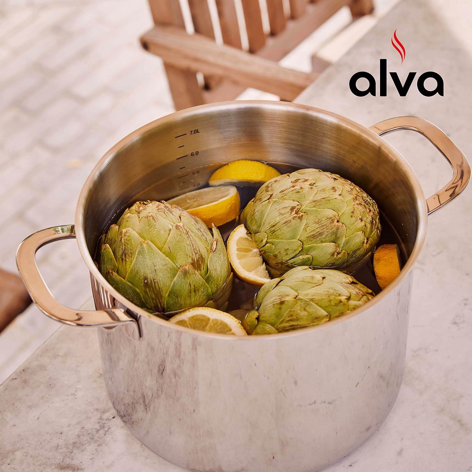 Alva Maestro 8 Qt. Stainless Steel Stock Pot with Lid Scratch Resistant Non-Toxic PFAS Free Compatible with All Stovetops Oven Safe & Induction Safe