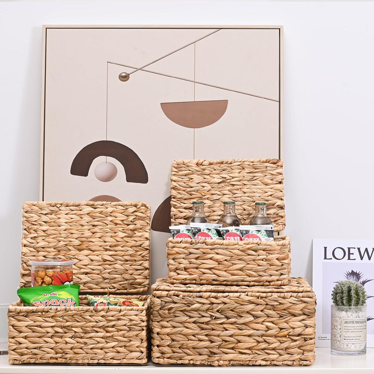 Gracie Oaks Wicker Storage Basket With Lid, Natural Decorative Wicker Basket For Shelf, Woven Baskets With Lids, 14In Lidded Basket, Rattan Storage Basket With Lid, Rattan Box Set Of 3 For Organizing