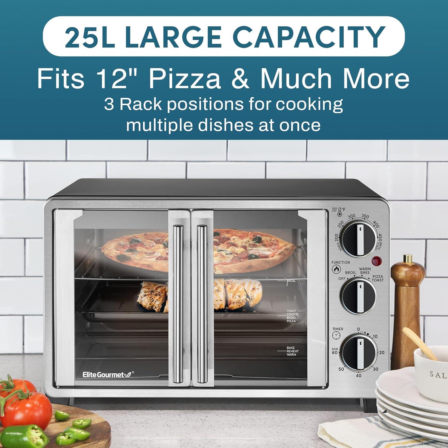 Elite Gourmet ETO2530M New Double French Door Toaster Oven fits 12" Pizza, Stainless Steel