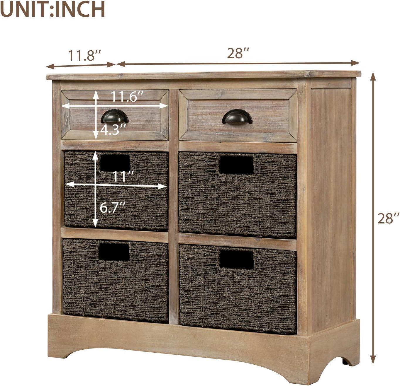 White Washed Rustic Storage Cabinet with 2-Drawers and 4-Classic Fabric Basket