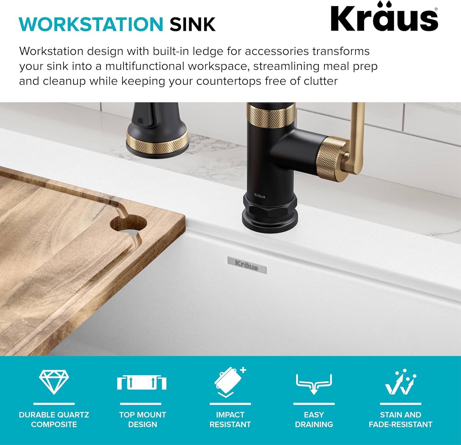 KRAUS Bellucci 33” Workstation Drop In Retrofit Farmhouse Single Bowl Granite Kitchen Sink With Accessories