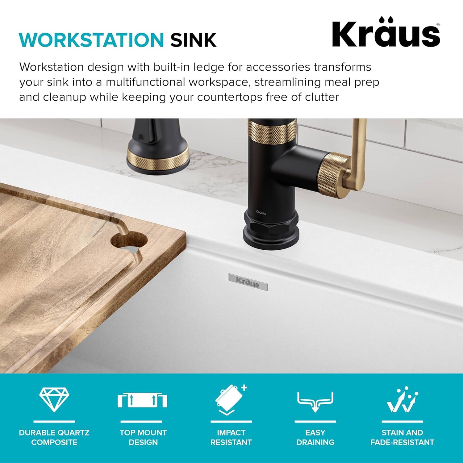 KRAUS Bellucci 33” Workstation Drop In Retrofit Farmhouse Single Bowl Granite Kitchen Sink With Accessories