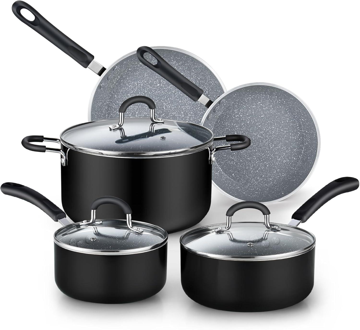 8-Piece Gray Nonstick Aluminum Cookware Set with Glass Lids