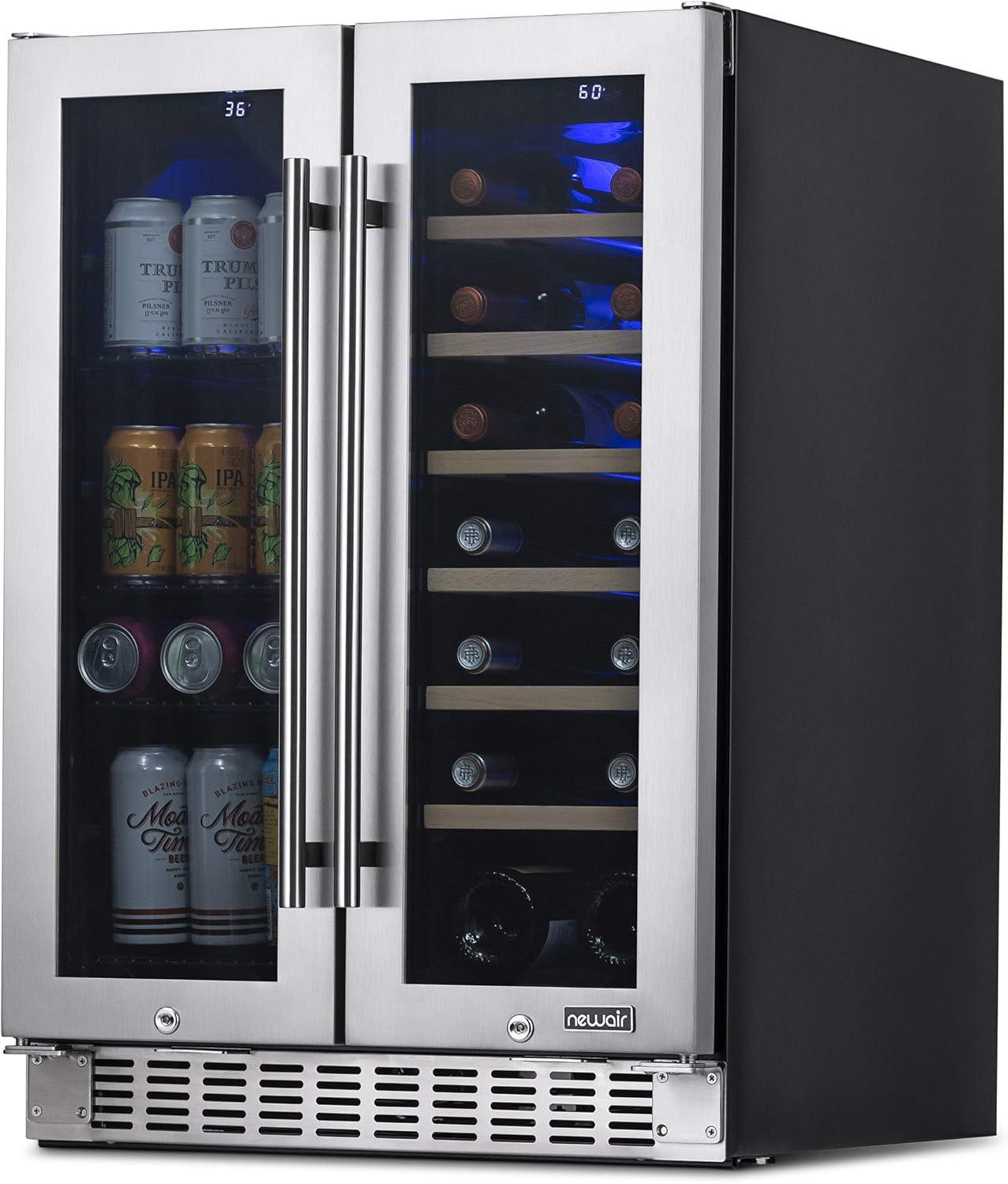 Newair 24" Premium Built-in Dual Zone 18 Bottle and 58 Can French Door Wine and Beverage Fridge