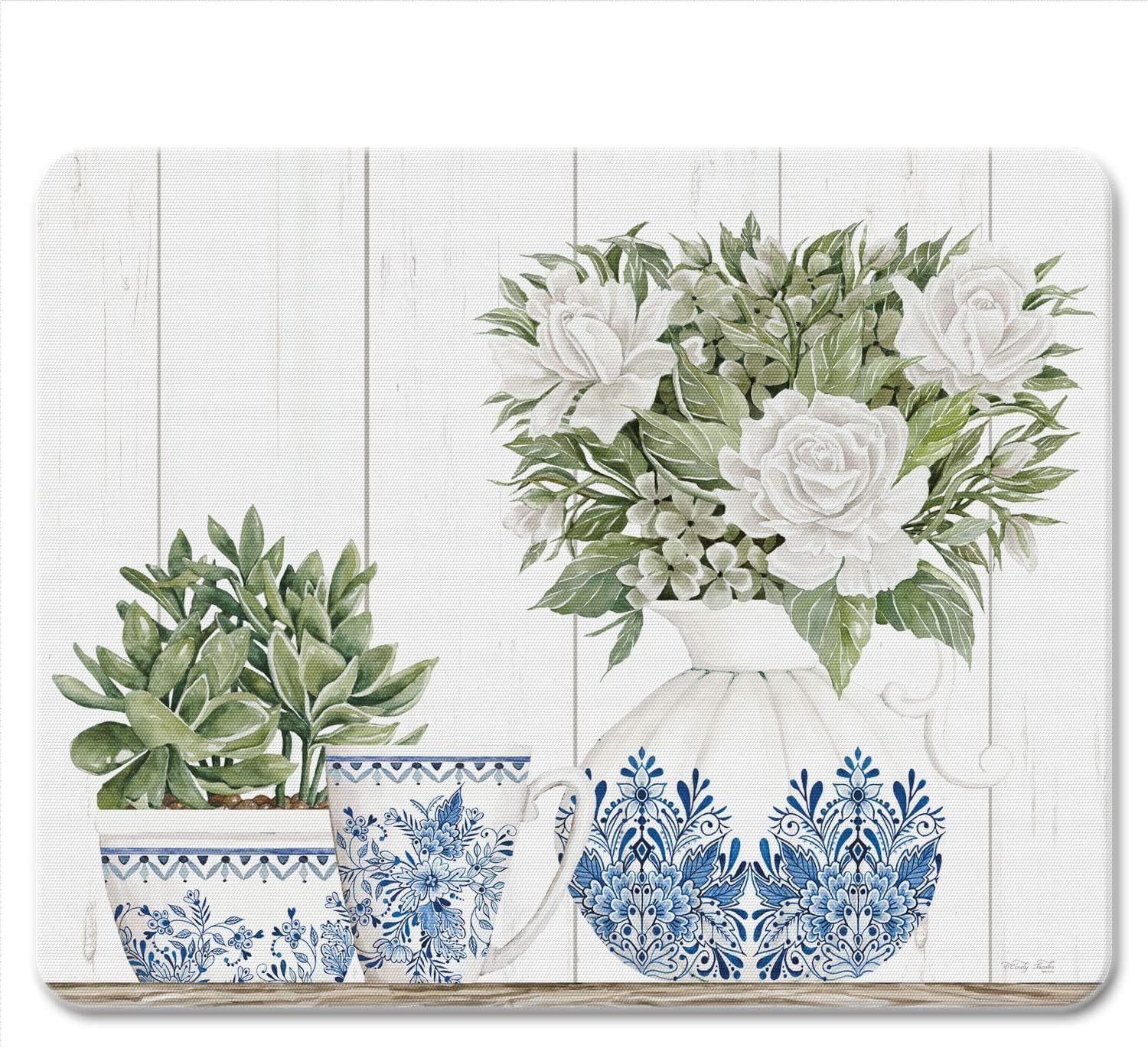 Blue and White Floral Tempered Glass Cutting Board 10" x 8"