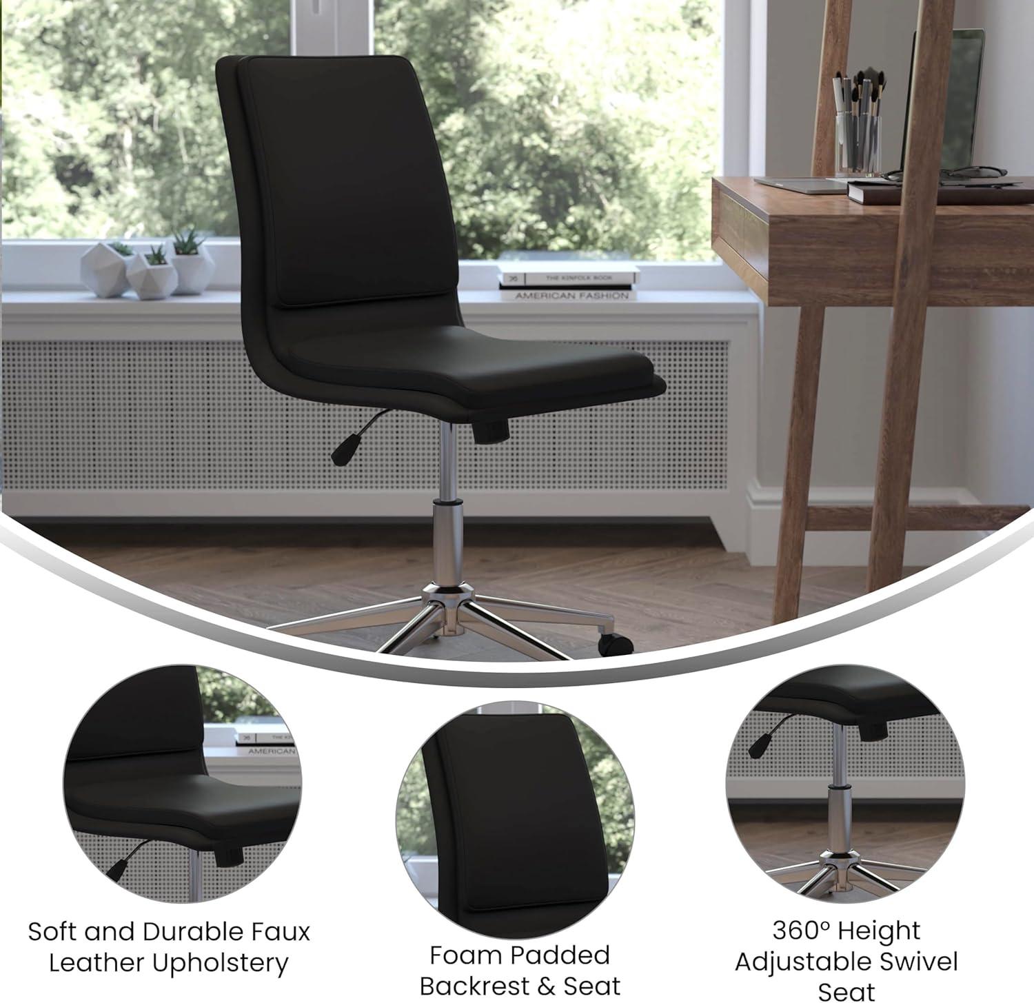 Merrick Lane Mid-Back Armless Home Office Chair with Height Adjustable Swivel Seat and Five Star Chrome Base, Black Faux Leather