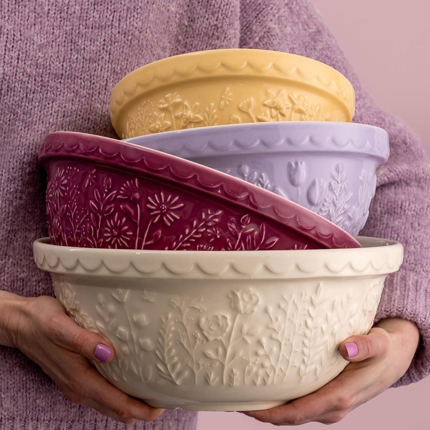 Purple Embossed Floral Ceramic Mixing Bowl