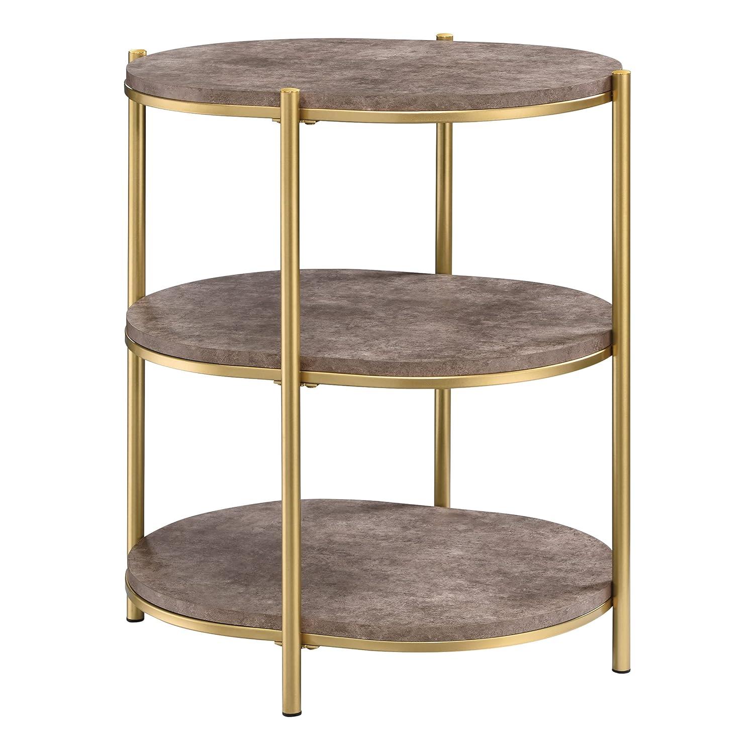 OSP Home Furnishings Renton 3-Tier Oval Side Table, Brown Stone Shelves and Soft Gold Frame