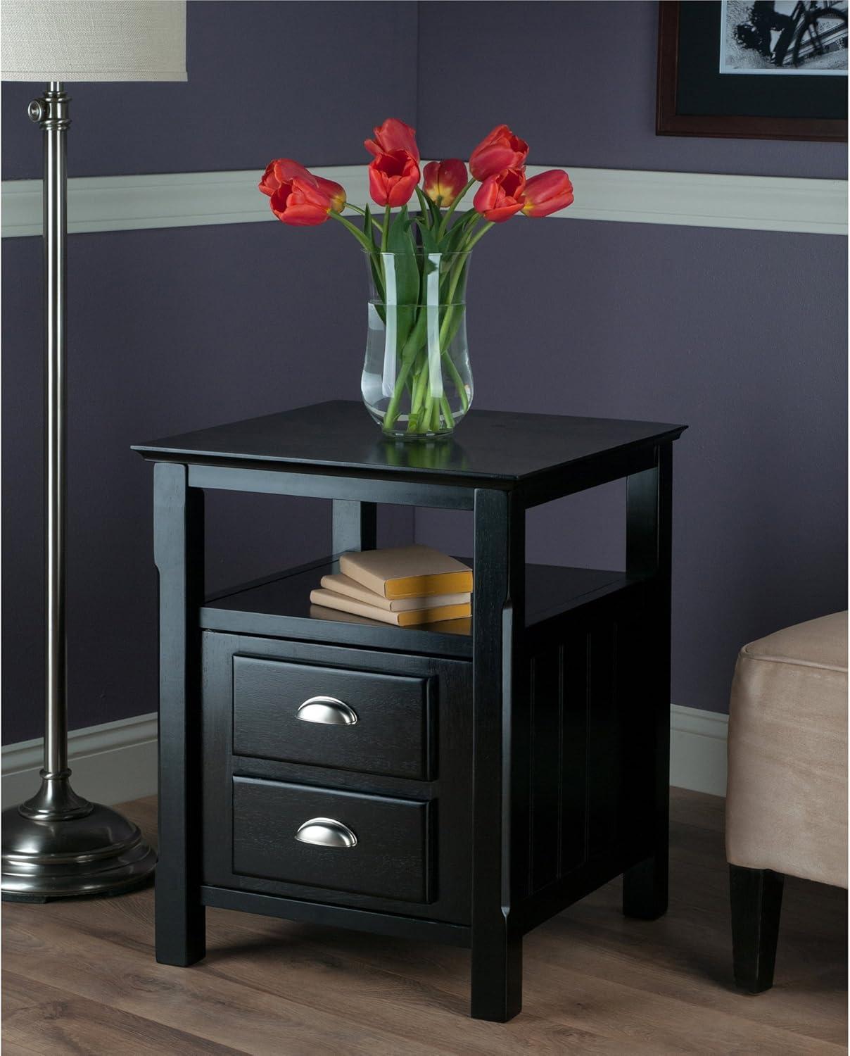 Transitional Black Solid Wood 2-Drawer Night Stand