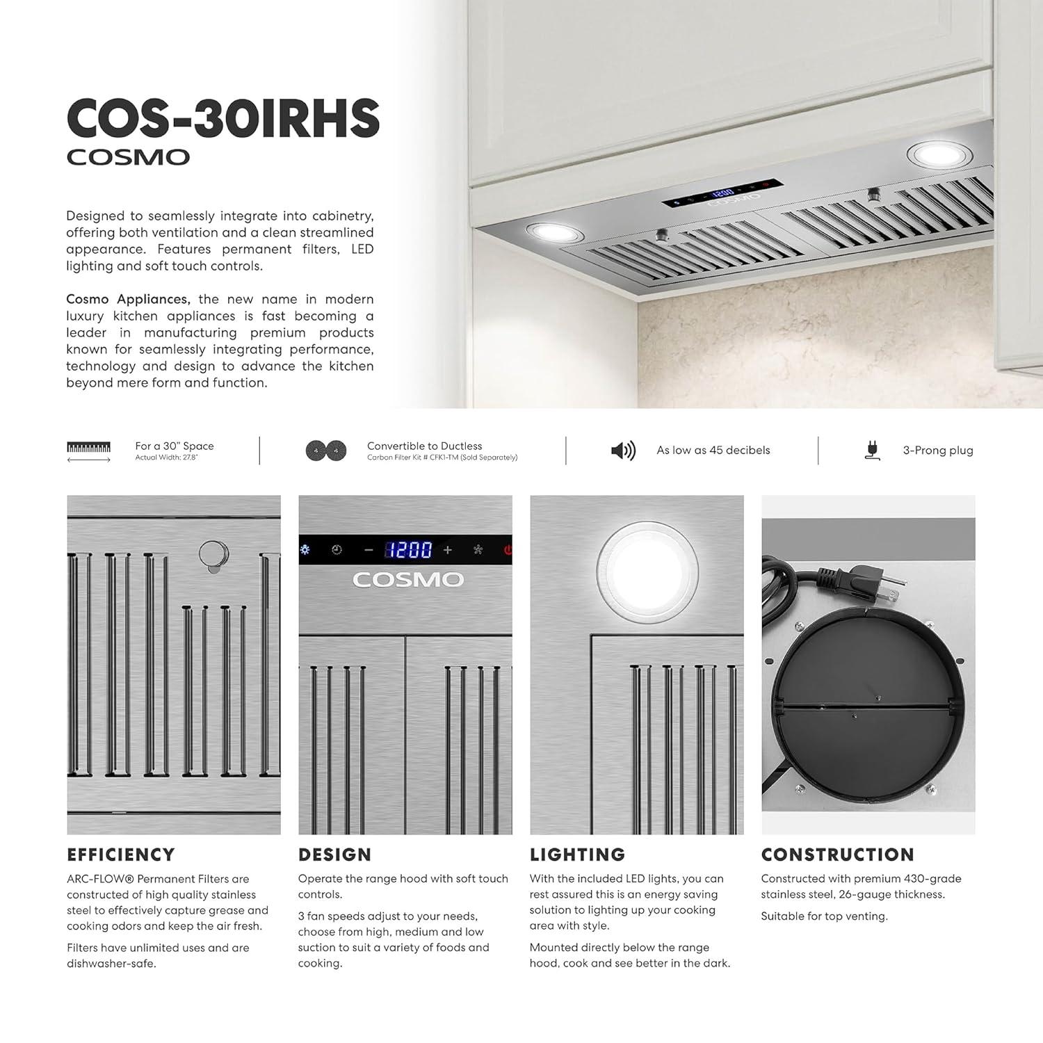 Cosmo 30 in. Lumin Collection Ducted Insert Range Hood, Touch Controls, LED Lights, Permanent Filters, Stainless Steel