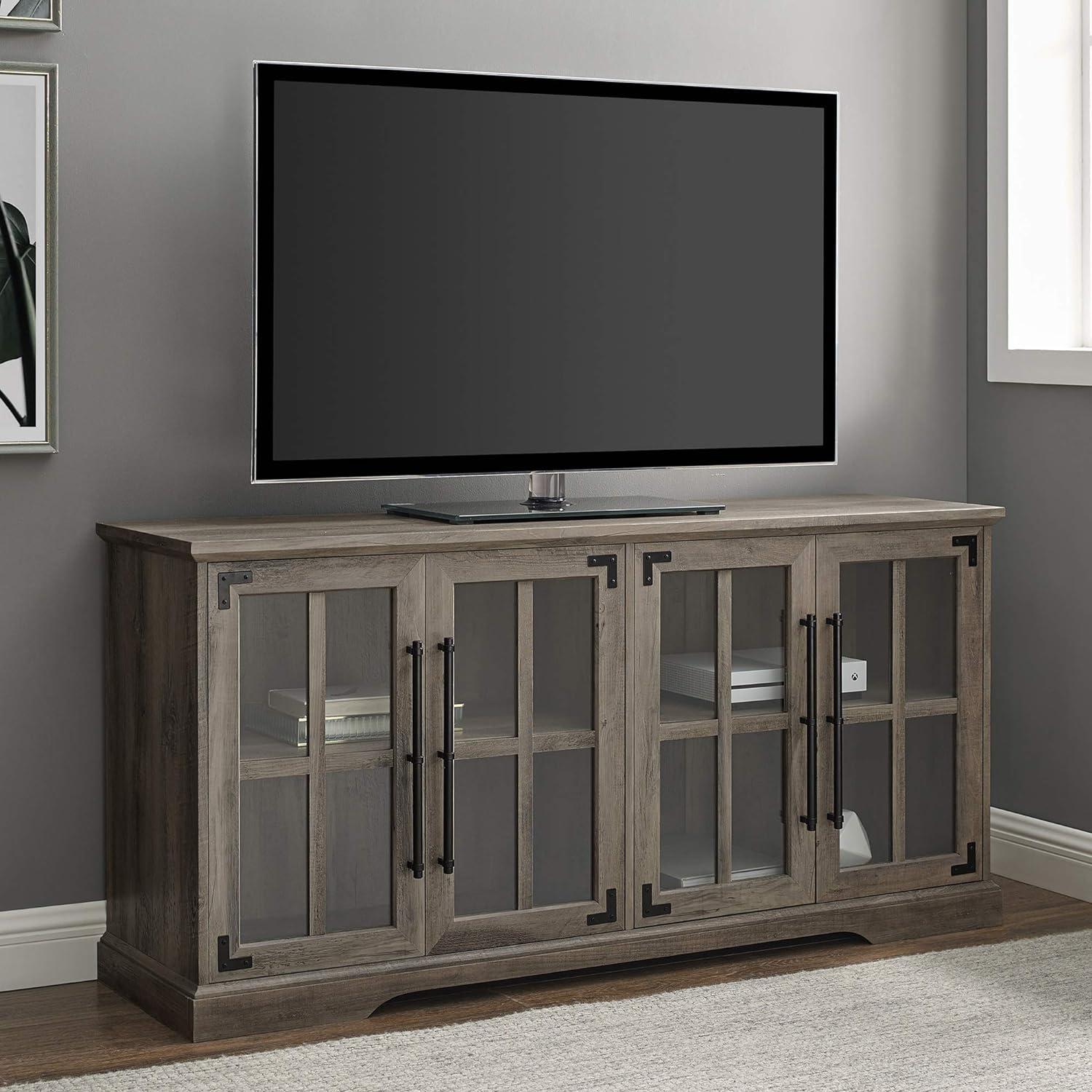 Grey Wash Farmhouse 58" Corner TV Stand with Glass & Wood Doors