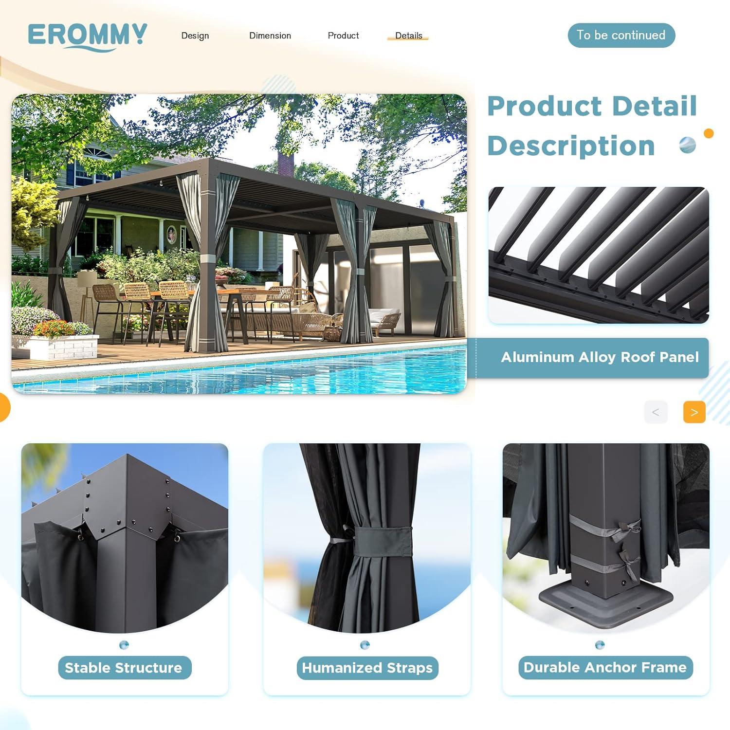 Erommy 10' x 20' Hardtop Gazebo, Adjustable Metal Roof with Curtains & Netting
