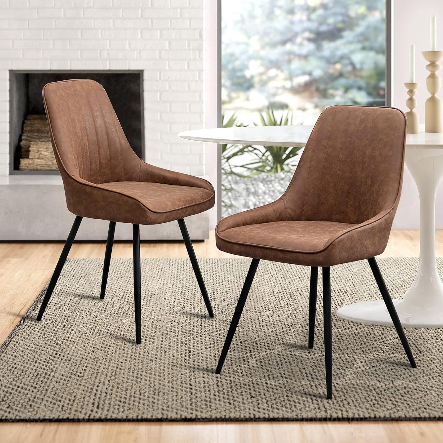 Brown Faux Leather Upholstered Armless Side Chairs with Metal Legs, Set of 2