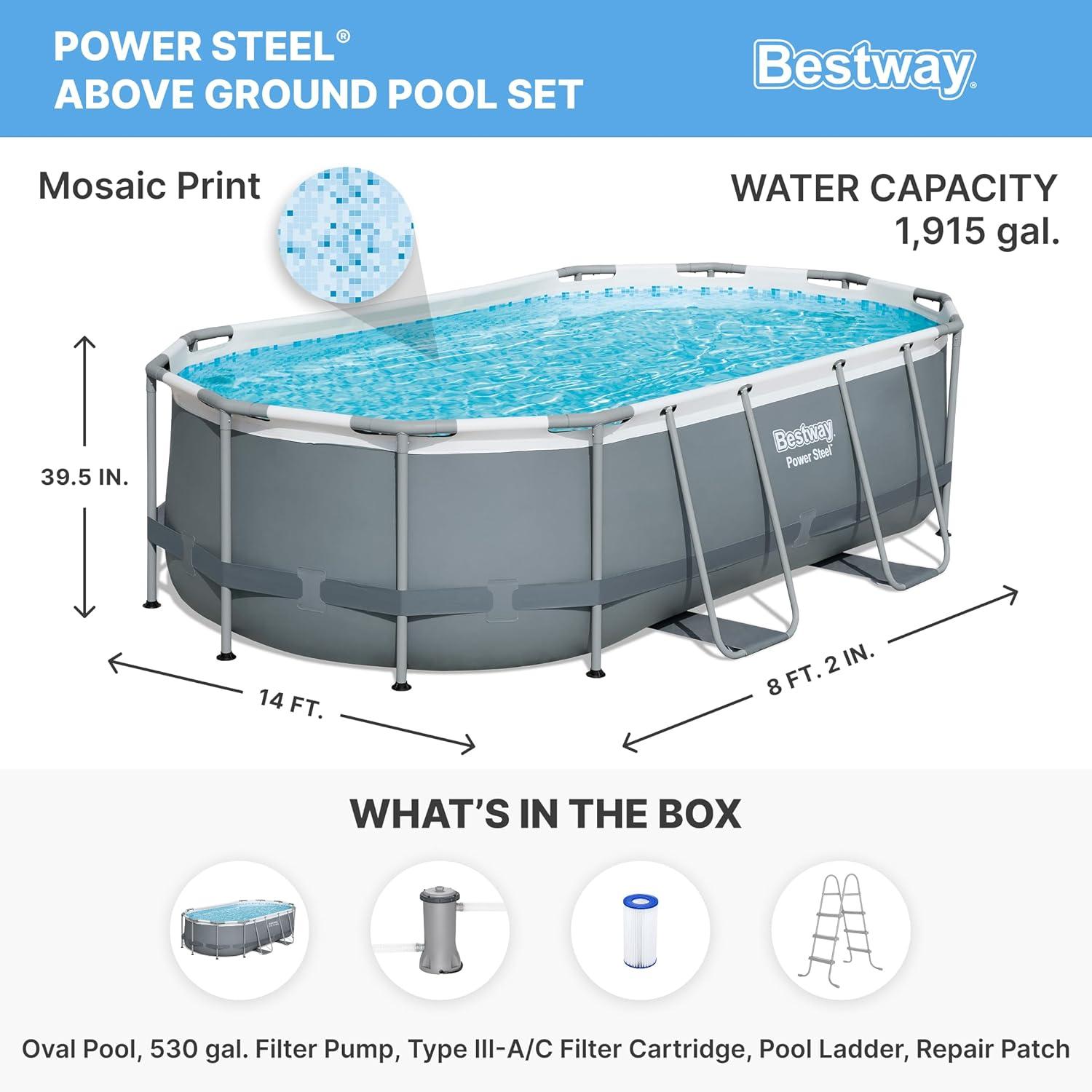 Bestway Power Steel 14' x 8'2" x 39.5" Oval Above Ground Pool Set | Includes 530gal Filter Pump, Ladder, ChemConnect Dispener