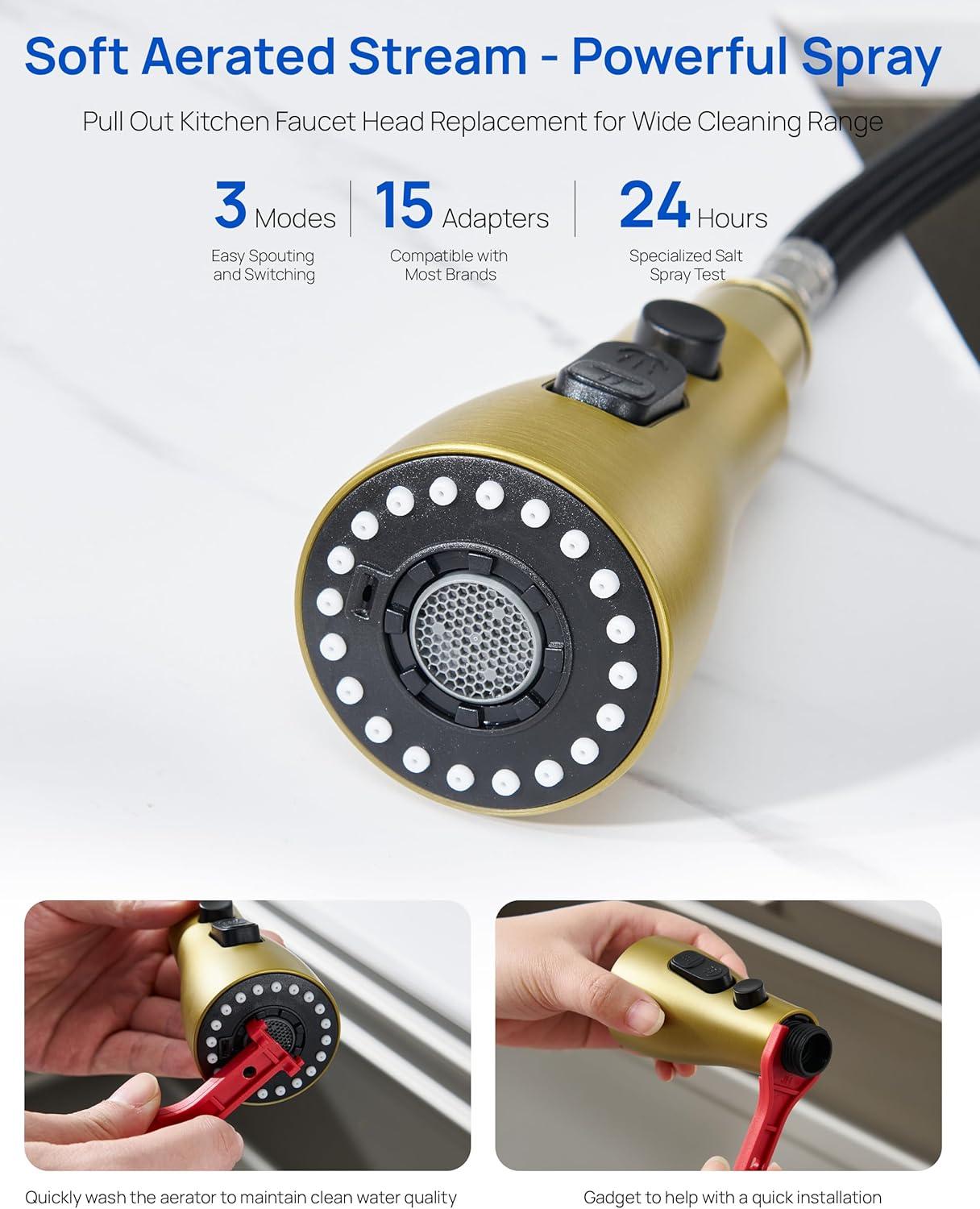 Kitchen Faucet Sprayer Head Replacement - Pull Down Faucet Spray Head with 11 Adapters, Pull Out Faucet Sprayer Nozzle, 3 Function Kitchen Tap Spray Spout Part Connector, Brushed Gold