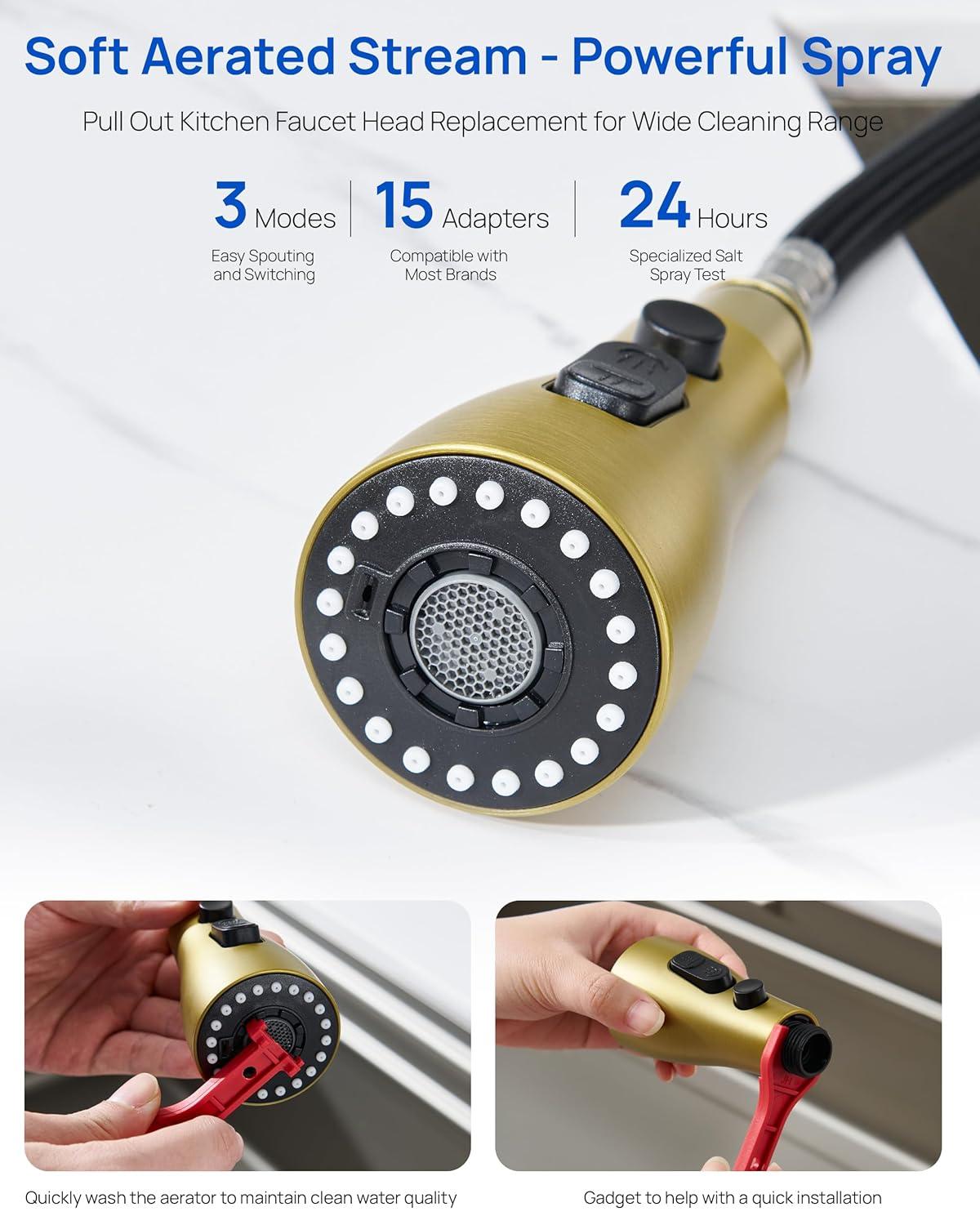 Kitchen Faucet Sprayer Head Replacement - Pull Down Faucet Spray Head with 11 Adapters, Pull Out Faucet Sprayer Nozzle, 3 Function Kitchen Tap Spray Spout Part Connector, Brushed Gold
