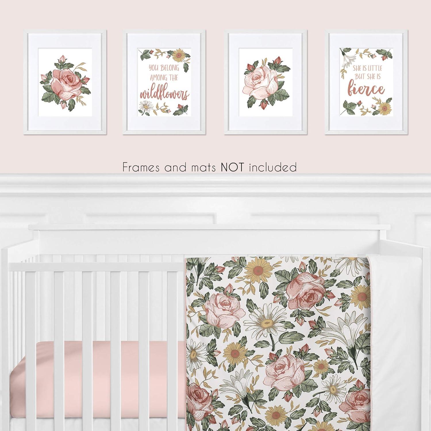 Sweet Jojo Designs Vintage Floral Boho Wall Art Prints Room Decor for Baby, Nursery, and Kids - Set of 4 - Blush Pink, Yellow, Green and White Shabby Chic Rose Flower Farmhouse Wildflower