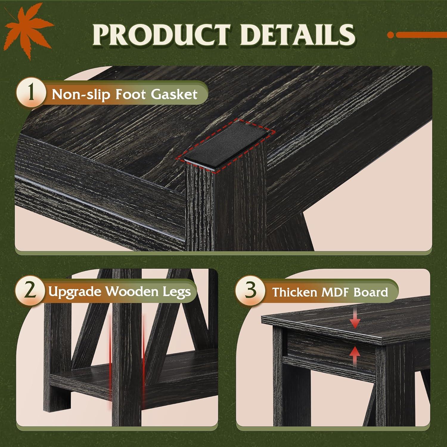 Charcoal Black Wooden End Table with Charging Station and Open Shelf