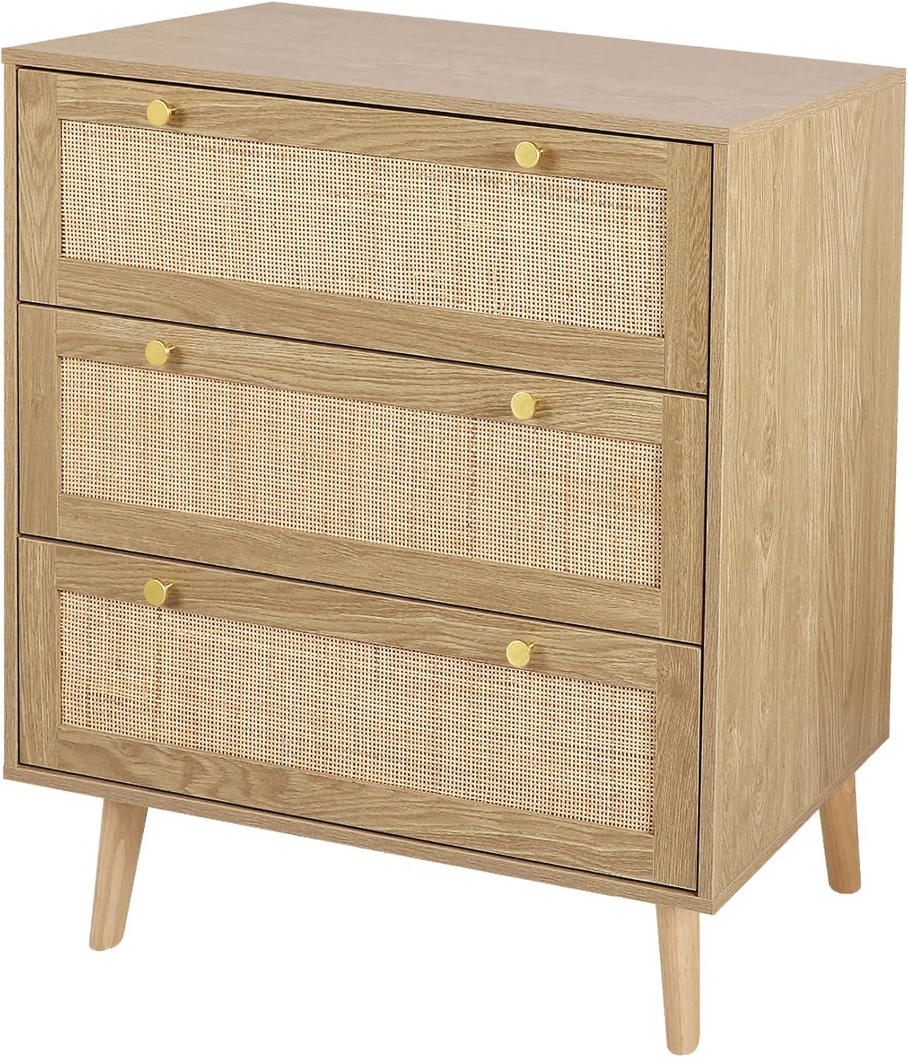 Bohemian Oak and Rattan 3-Drawer Dresser with Gold Handles