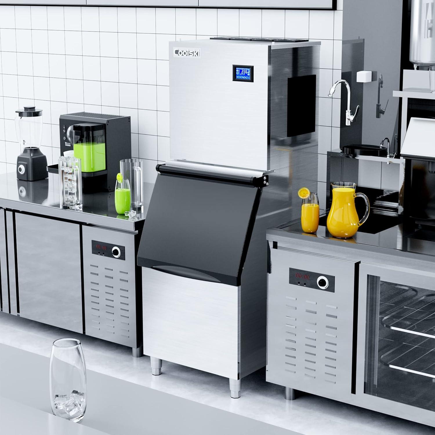 Coolski Coolski Commercial Ice Machine 350 lb. Daily Production Clear Cube Ice, Freestanding Ice Maker For restaurants Bars Hotels, Stainless Steel