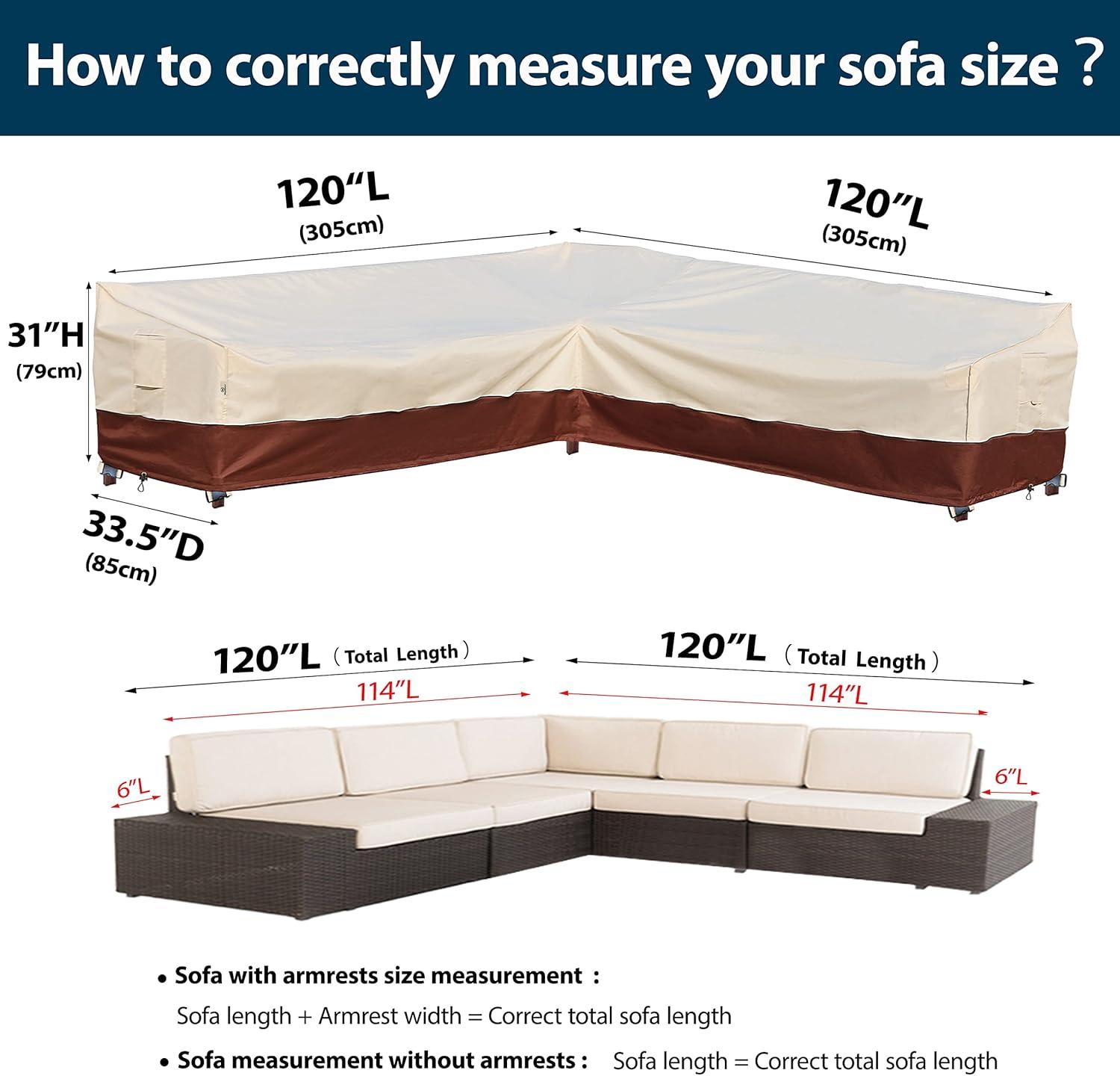 Outdoor Sectional Cover-V-Shaped Garden Patio Furniture Covers Waterproof Rip-Stop Anti-UV 600D Heavy Duty Outdoor Couch Cover with 3 Air Vents Sofa Cover 85''L 33.5''D 31''H,Beige & Reddish Brown