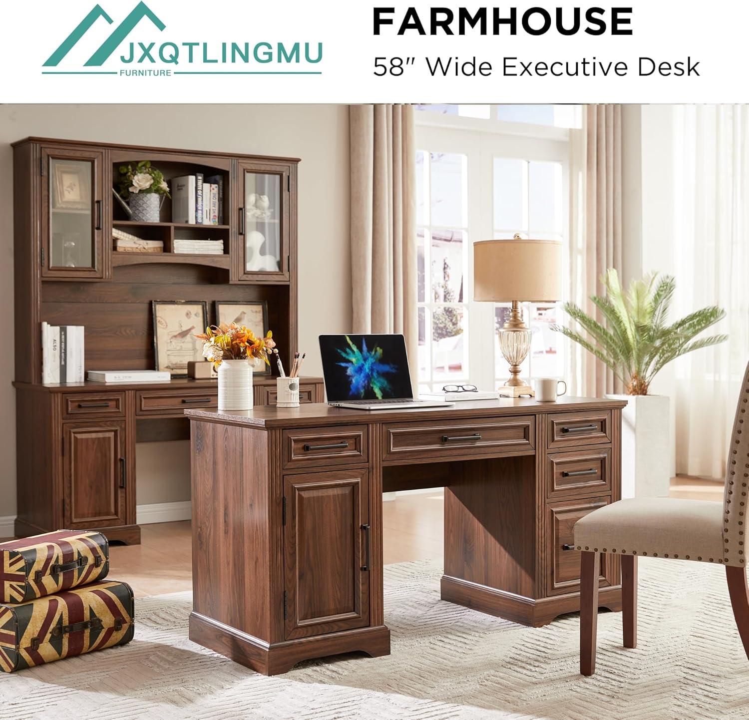 Dark Brown Farmhouse 58" Executive Desk with Drawers and Filing Cabinet