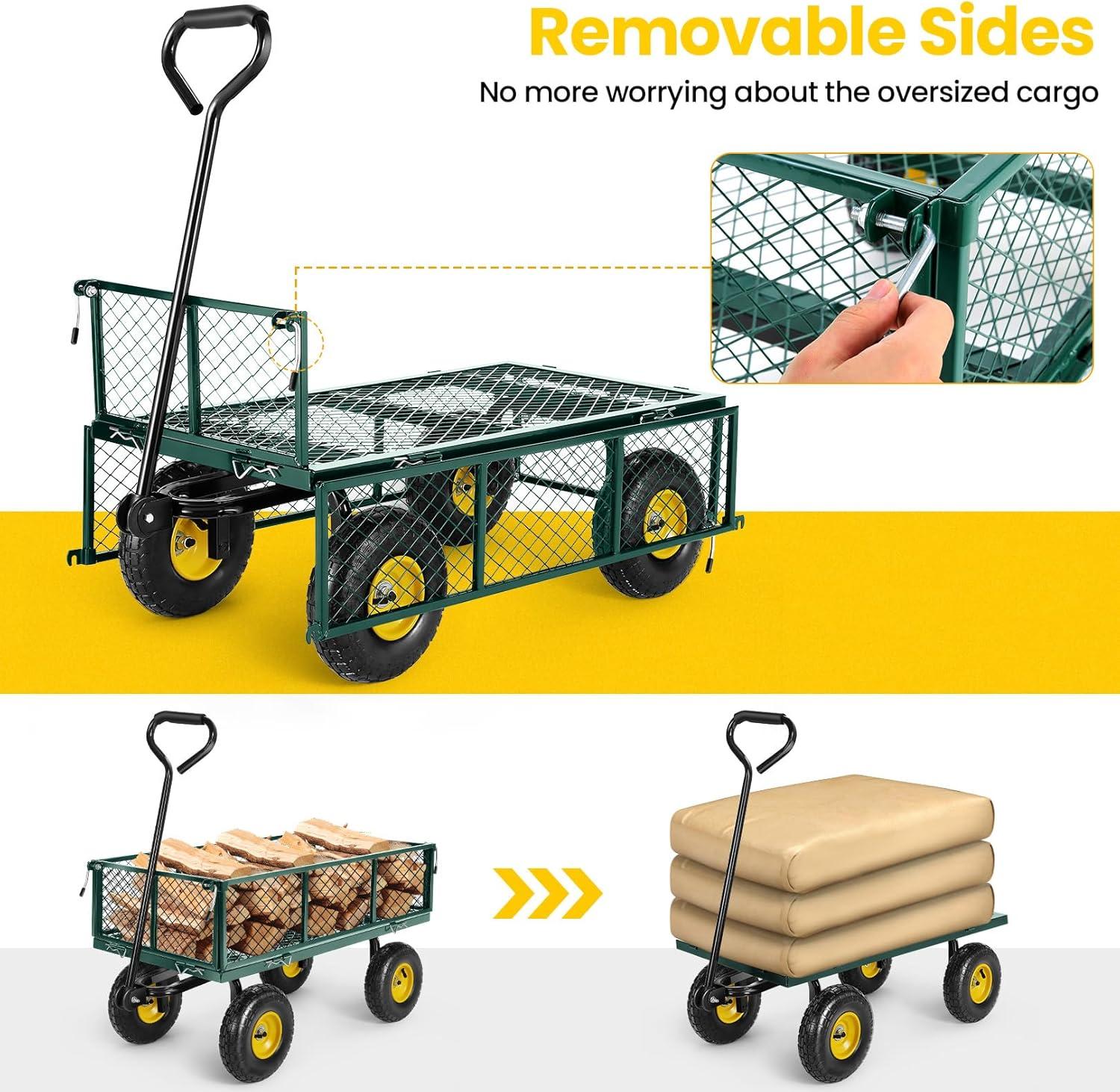 Steel Garden Cart 680 lbs Capacity Heavy Duty Garden Wagons,with Removable Steel Mesh Sides to Convert into Flatbed,Utility Metal Wagon w/ 180°Rotating Handle and 2 Tags Recyclable