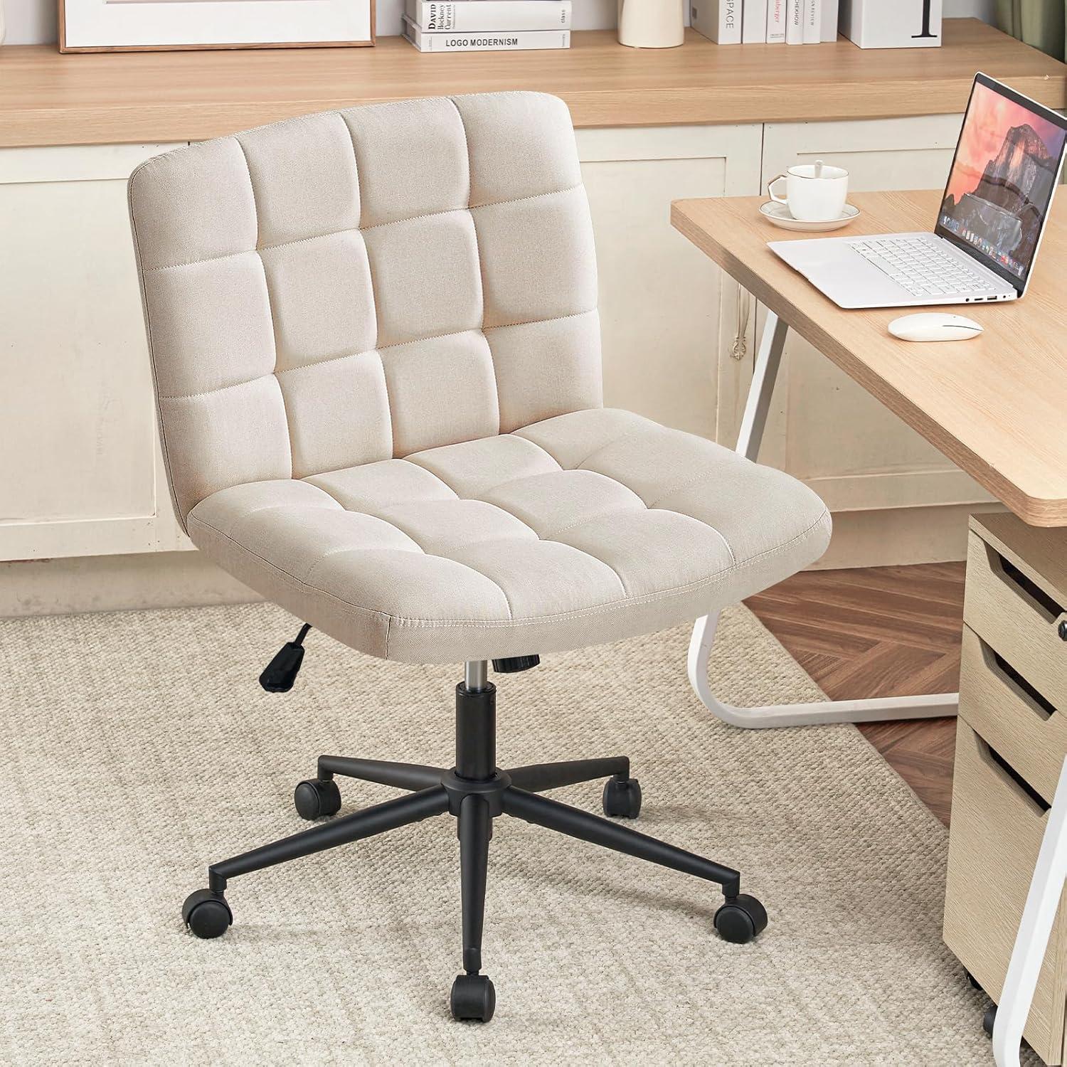 Furniliving Home Office Desk Chair with Wheels,Criss Cross Legged Wide Chair Armless Height Adjustable Chair with Mid Back Swivel Accent Vanity Chairs,Linen-Beige