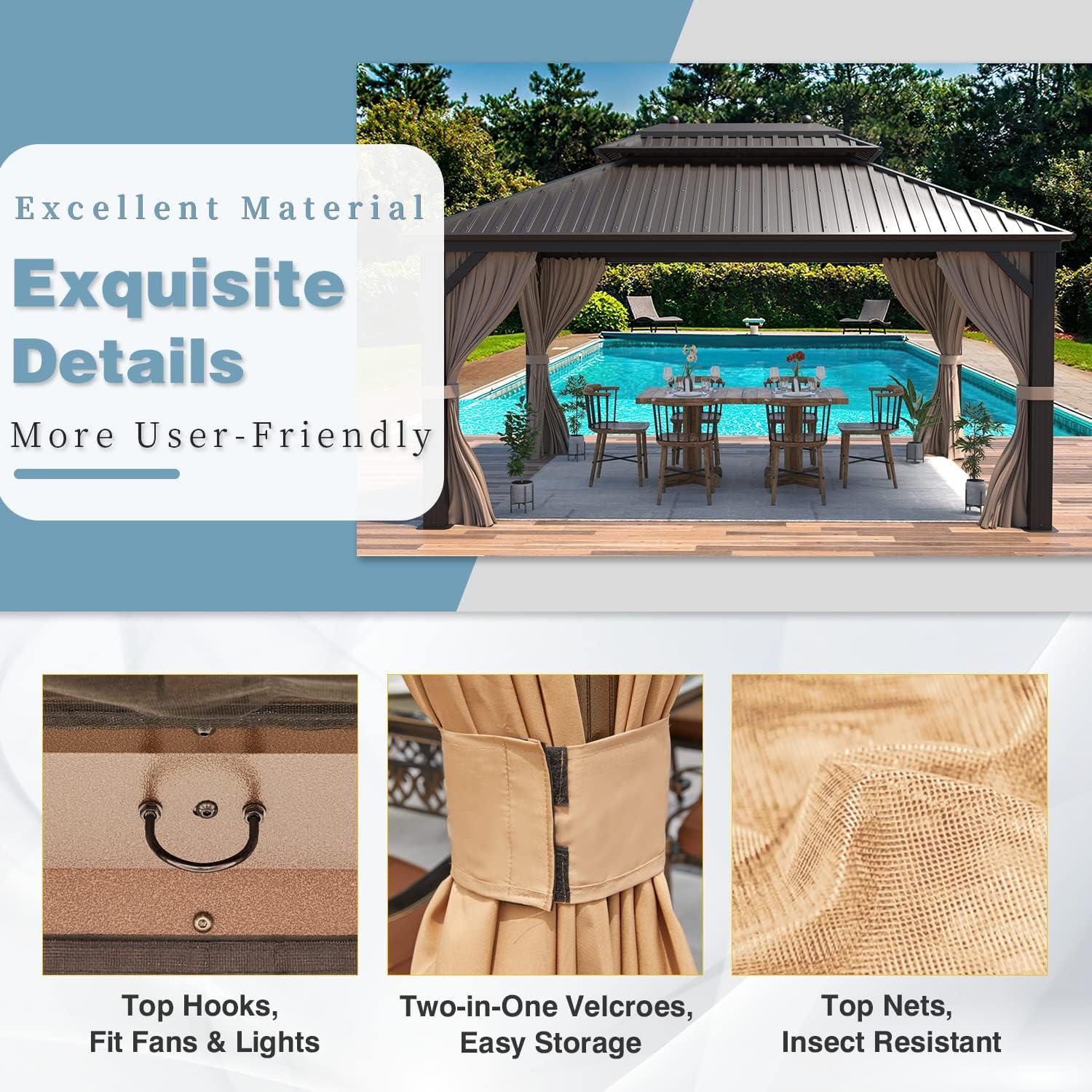 MELLCOM 10'x13' Hardtop Gazebo Double Roof Galvanized Steel Canopy with Aluminum Frame, Permanent Metal Pavilion with Netting and Curtains for Patio, Gardens and Lawns