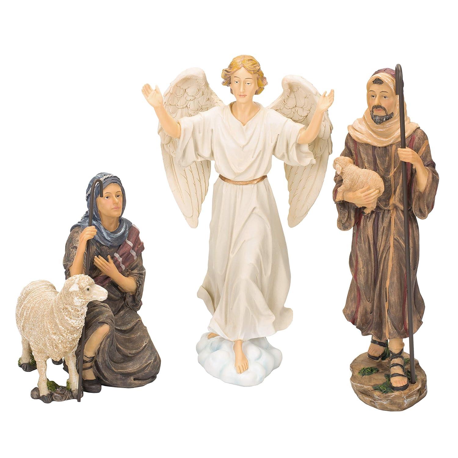 Three Kings Gifts Magi, Wise Men, Christmas Star, Angel, Shepherds, Sheep, Holy Family, Jesus in Manger, Real Gold in Trunk, Nativity Scene Set & Figures, 11-Pieces, for 7 inch Scale Collection