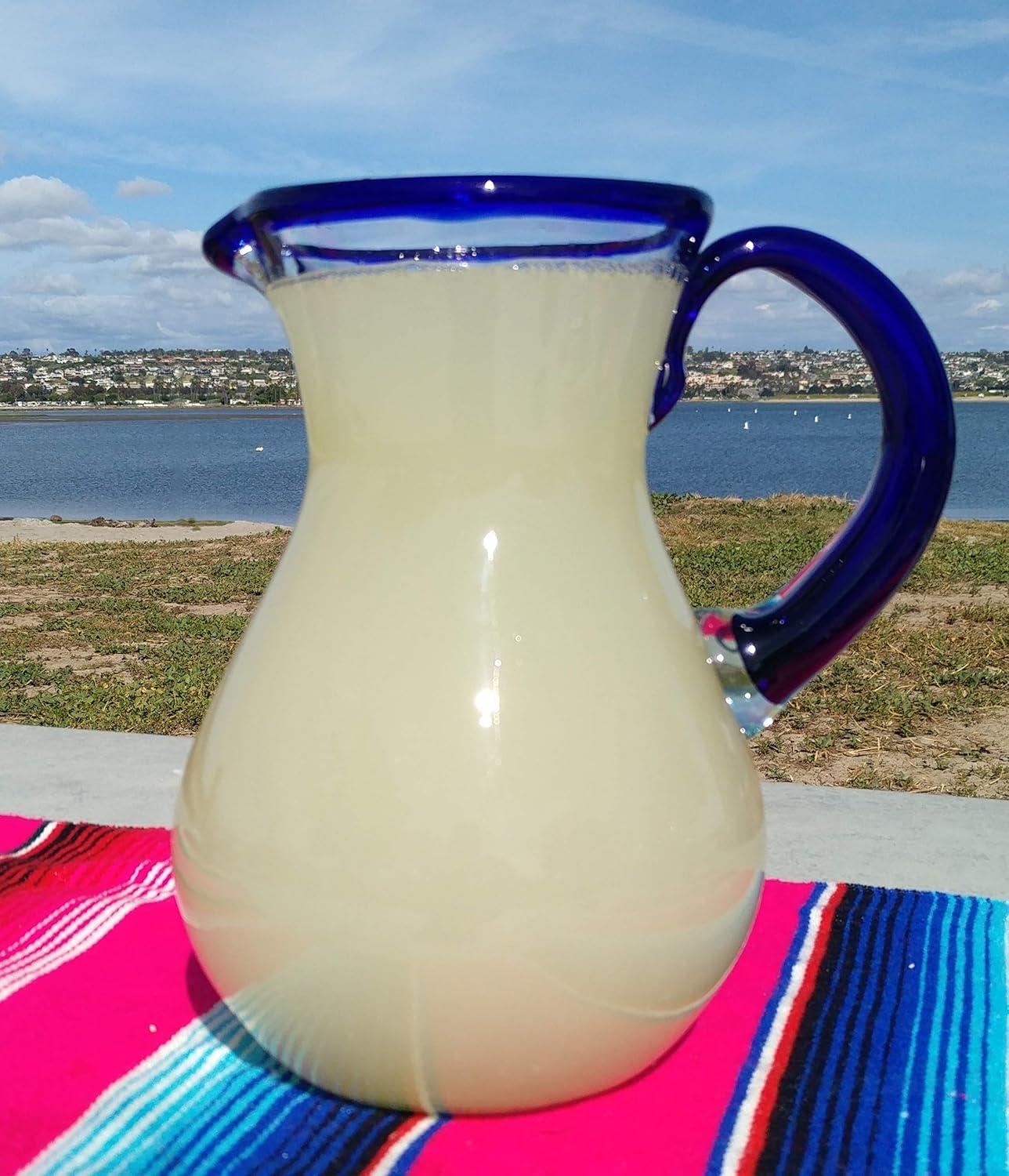 Dos Sueños Mexican Hand Blown  Pitcher - Blue Rim - 84oz -