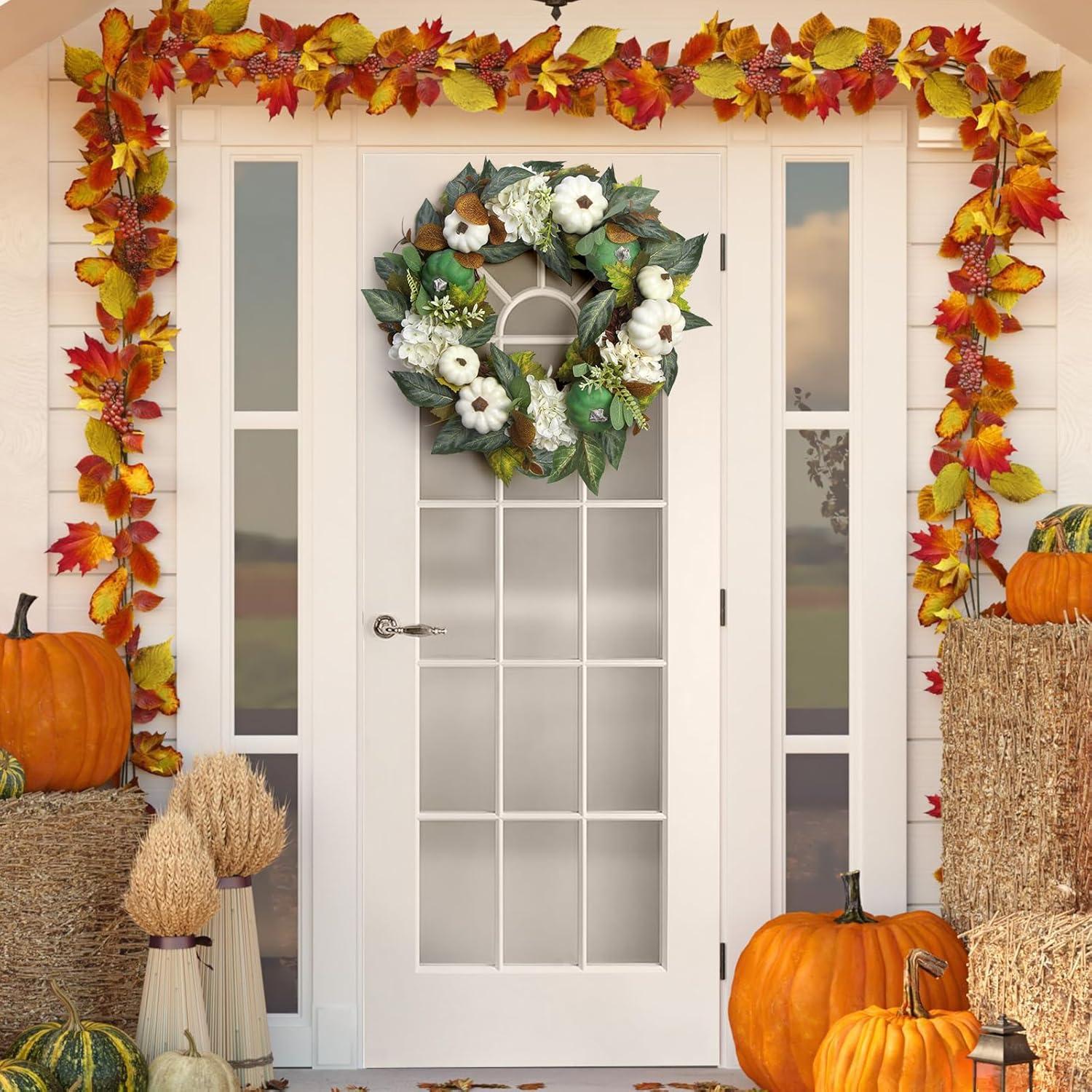 Fall Wreath 20’’ Autumn Front Door Wreath Harvest Wreath with Sunflower Pumpkins Berries Maple Leaves Daisies for Outside Indoor Home Wall Festival Thanksgiving Autumn Farmhouse Decor