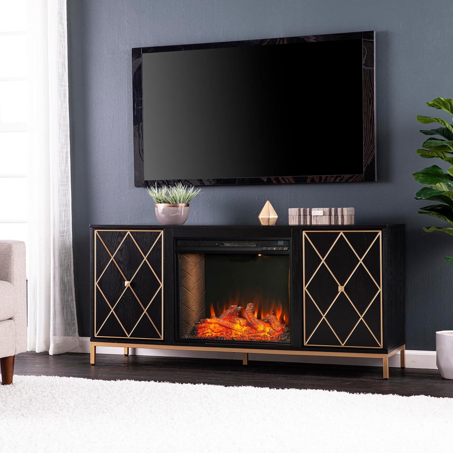 Black Electric Fireplace Media Console with Gold Accents