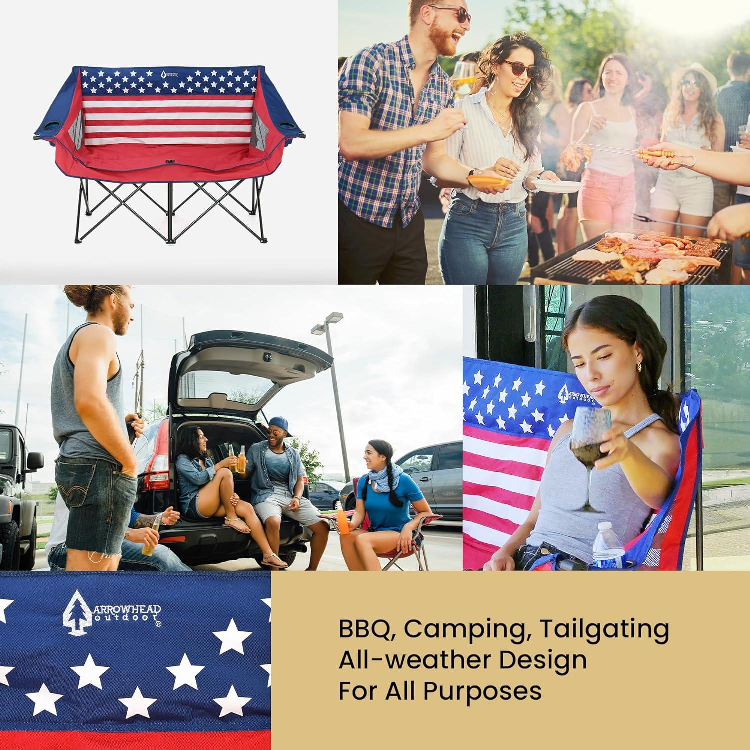 Arrowhead Outdoor Portable Folding Double Duo Camping Chair Loveseat Couch w/ 2 Cup & Wine Glass Holder, Supports up to 500lbs (American Flag)