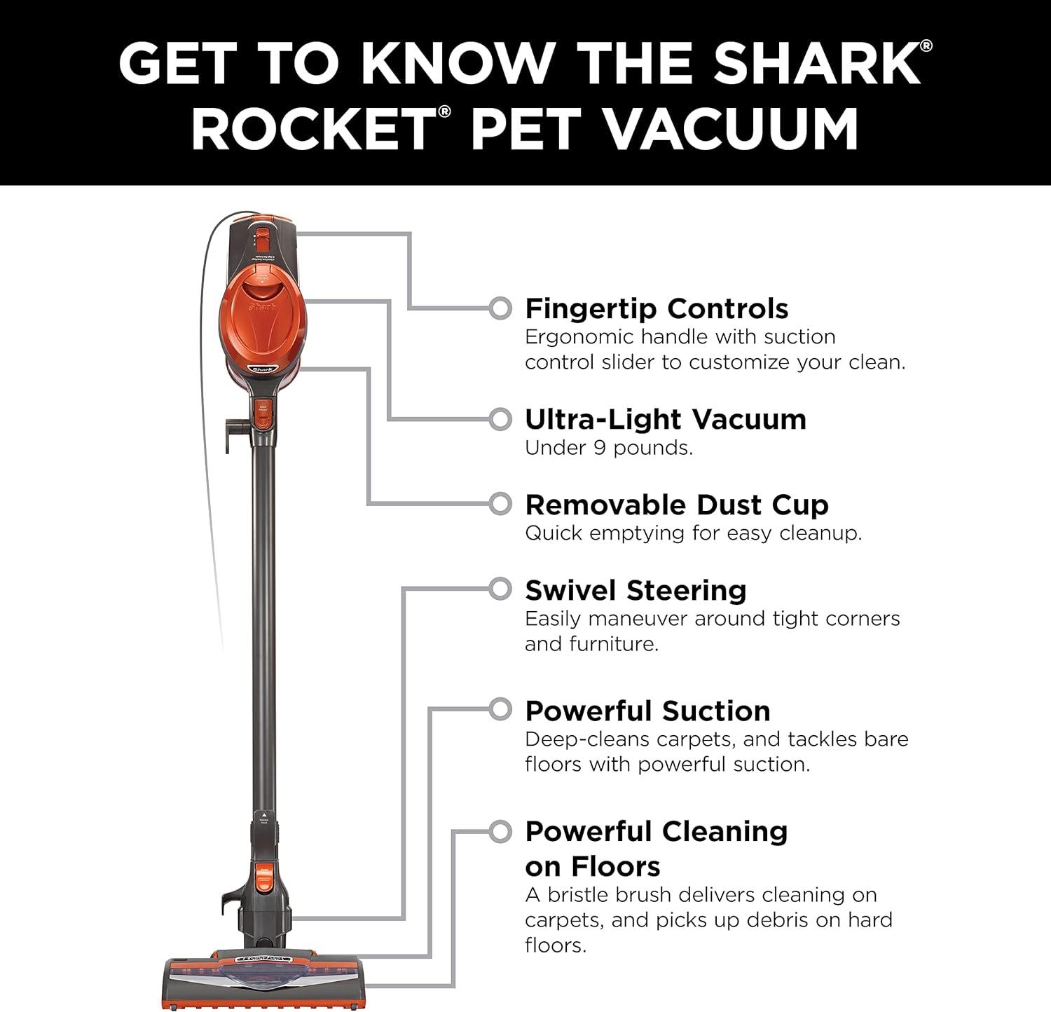 Shark Rocket Ultra-Light Corded Stick Vacuum - HV301: Pet Hair Pick Up, Swivel Head, Converts to Handheld, 25' Cord