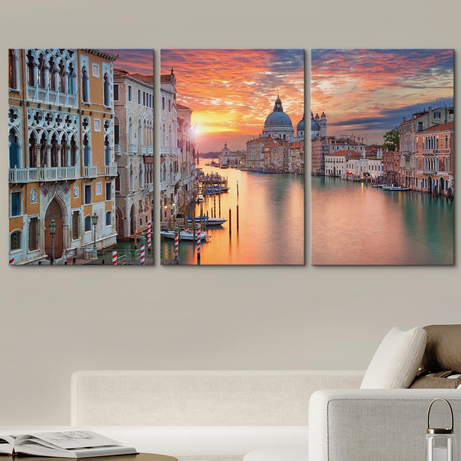 wall26 - 3 Piece Canvas Wall Art - Venice. Image of Grand Canal in Venice, with Santa Maria Della Salute Basilica - Modern Home Art Stretched and Framed Ready to Hang - 16"x24"x3 Panels