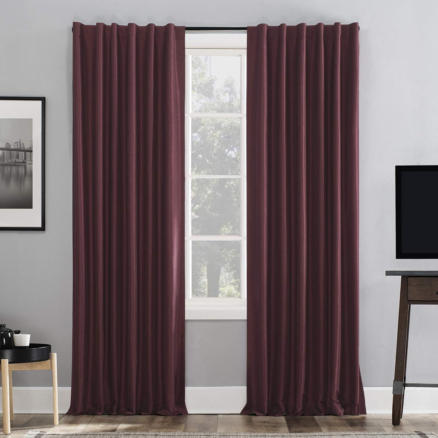 Bordeaux Red Faux Silk Blackout Back Tab Curtain Panel