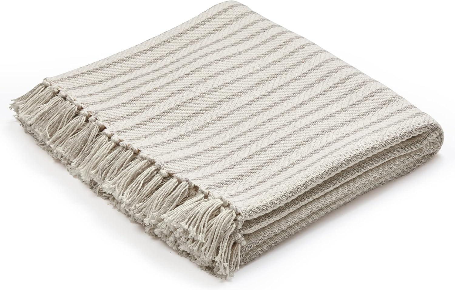 Americanflat 100% Cotton Throw Blanket for Couch - 50x60 - All Seasons Neutral Lightweight Cozy Soft Blankets.[Cream Beige Pinstripe]