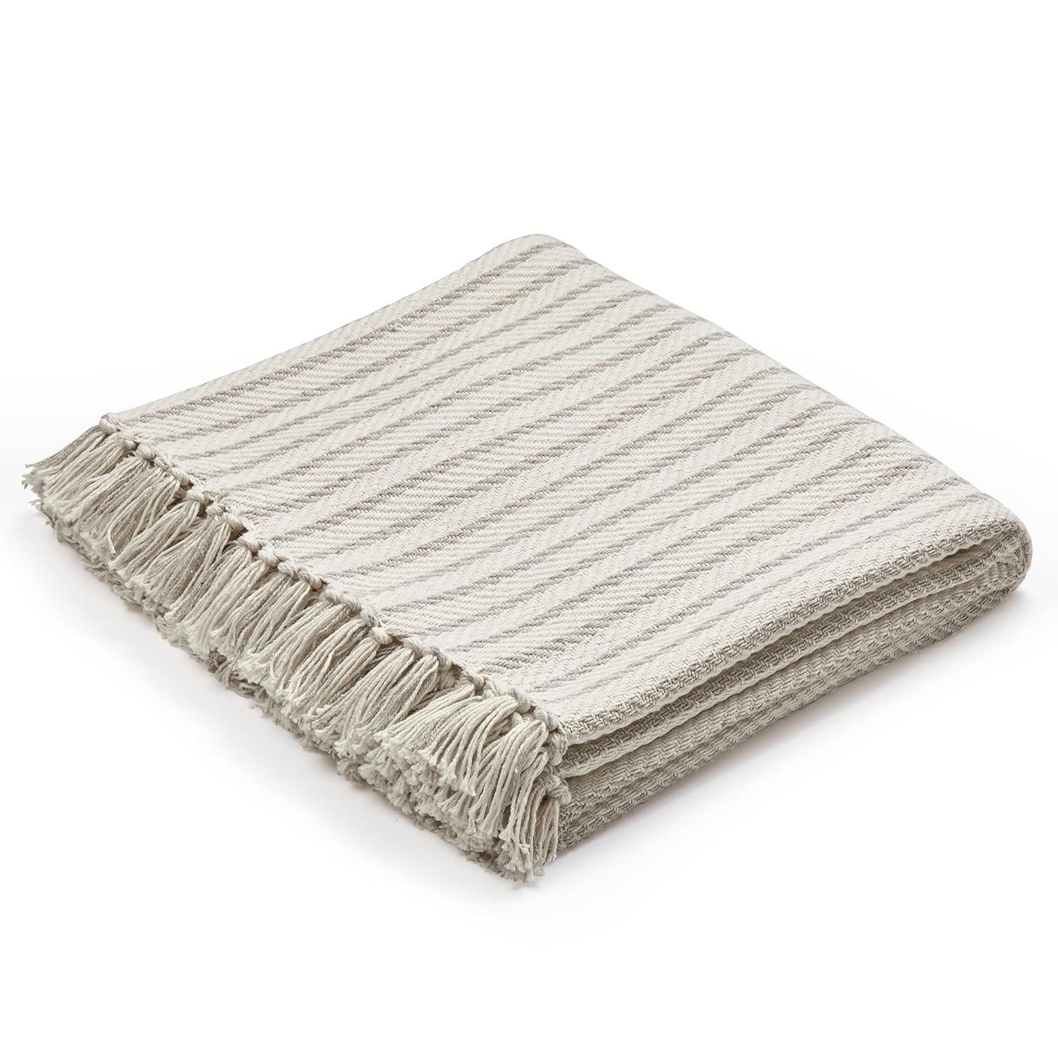 Americanflat 100% Cotton Throw Blanket for Couch - 50x60 - All Seasons Neutral Lightweight Cozy Soft Blankets.[Cream Beige Pinstripe]
